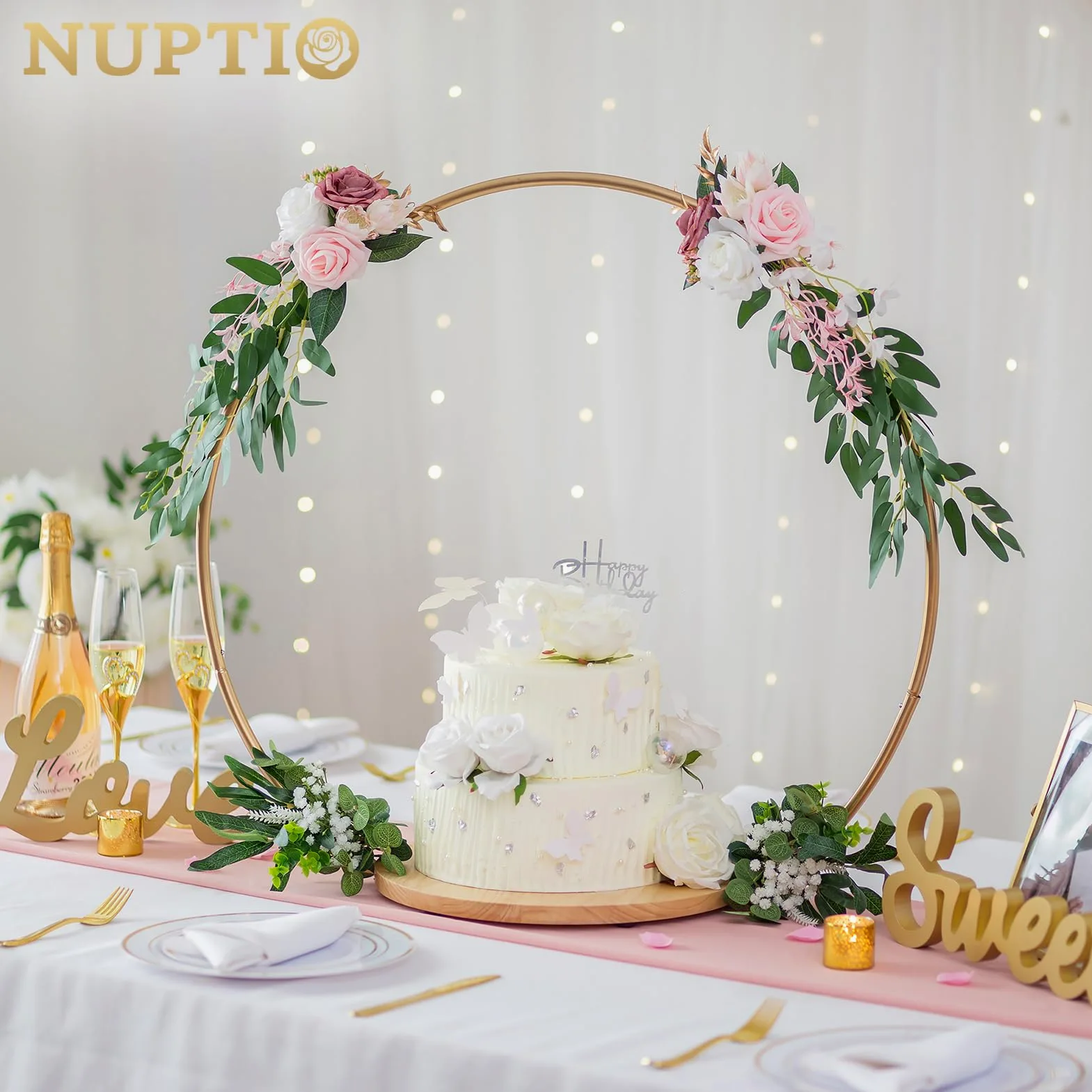 NUPTIO Support Gateau Presentoir avec Piedestal Rond Bois, 36cm | avec Metal Ring, pour Mariage Anniversaire, Fête, Douche de Bébé, Noël