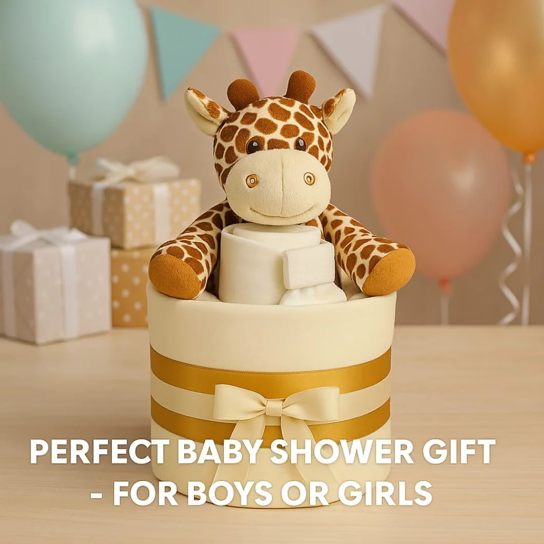 Gâteau de couches neutres unisexe – Mousseline carrée enveloppante 9 couches, bavoir, chaussettes et girafe en peluche douce