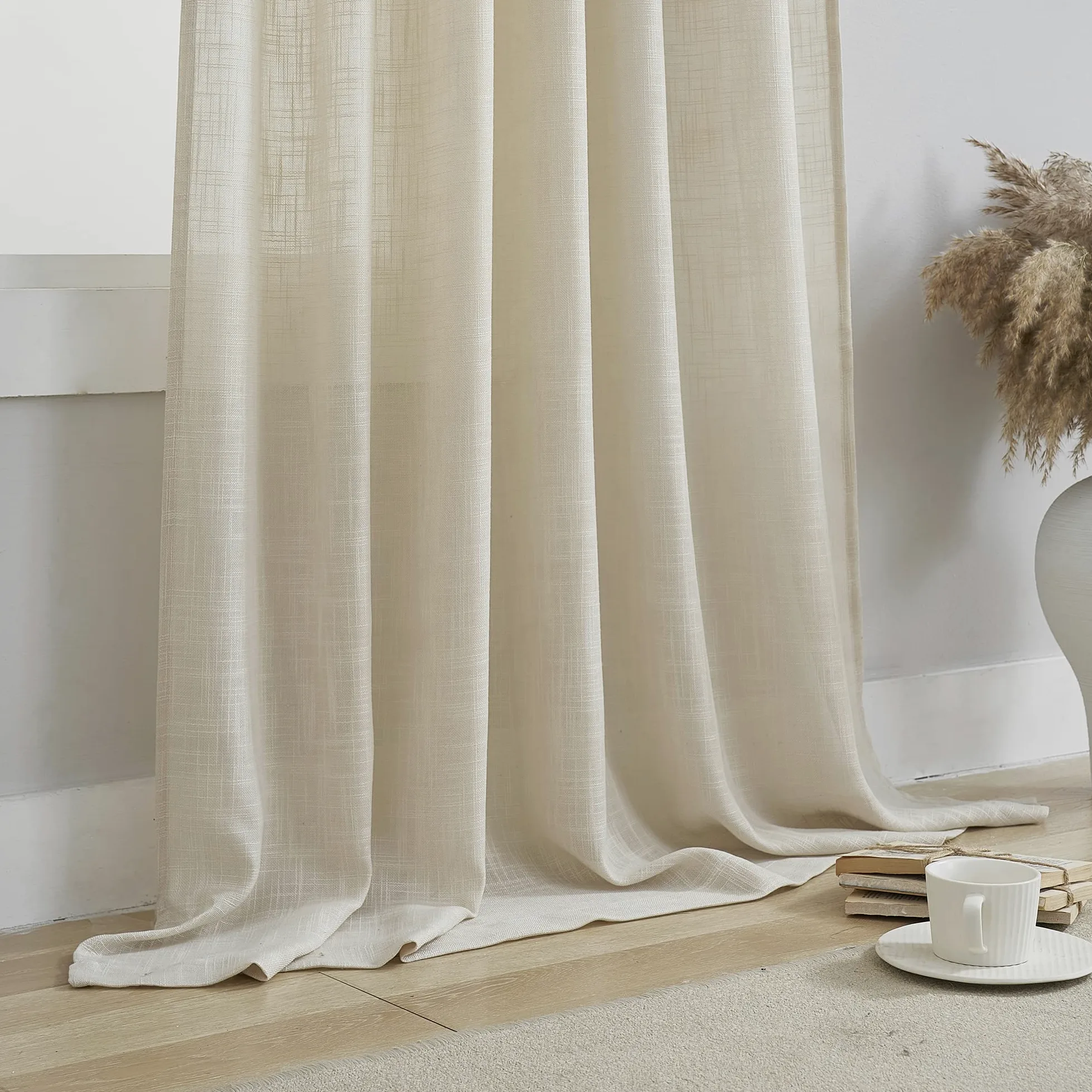 Lot de 2 Rideaux Semi-Transparents en Lin avec Pattes filtrant la lumière pour Salon 132 x 243 cm de Long, Beige
