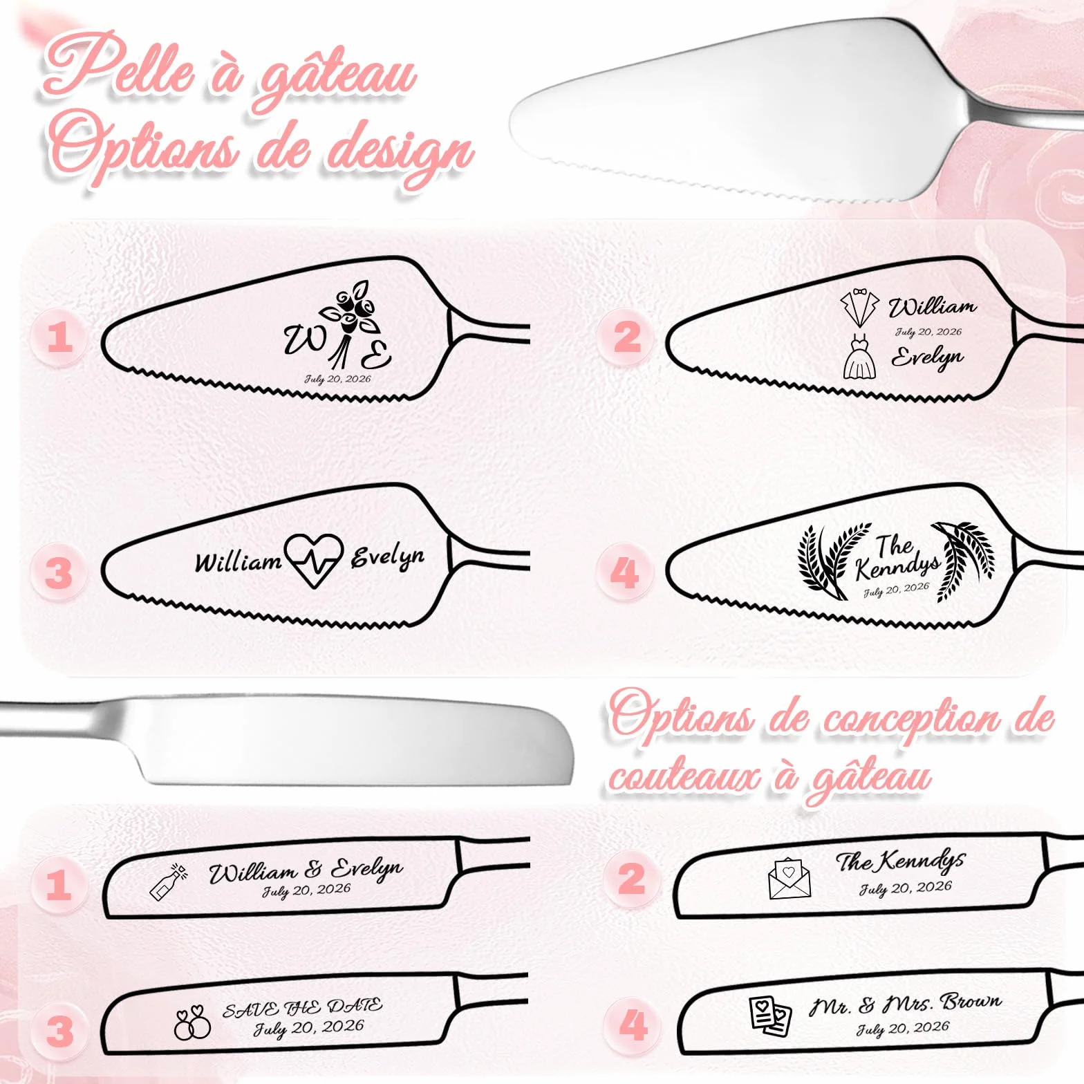 Couteau et Pelle à Gâteau de Mariage Personnalisé en Acier Inoxydable avec Gravure Originale – Noir