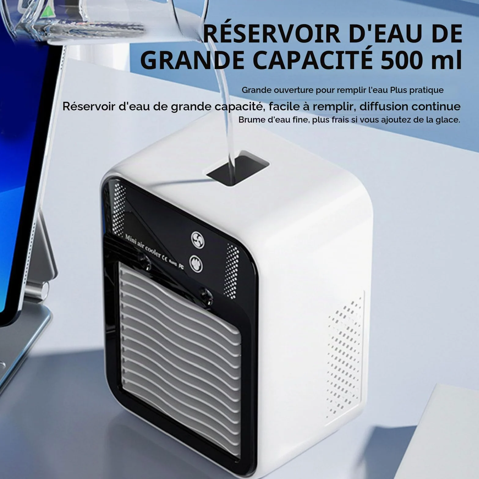 Mini Rafraîchisseur d’Air Bureau USB Rechargeable avec Brume | Batterie 3000mAh, brumisation, affichage digital, poignée, 2 modes d’air, moins de 55dB, format compact.