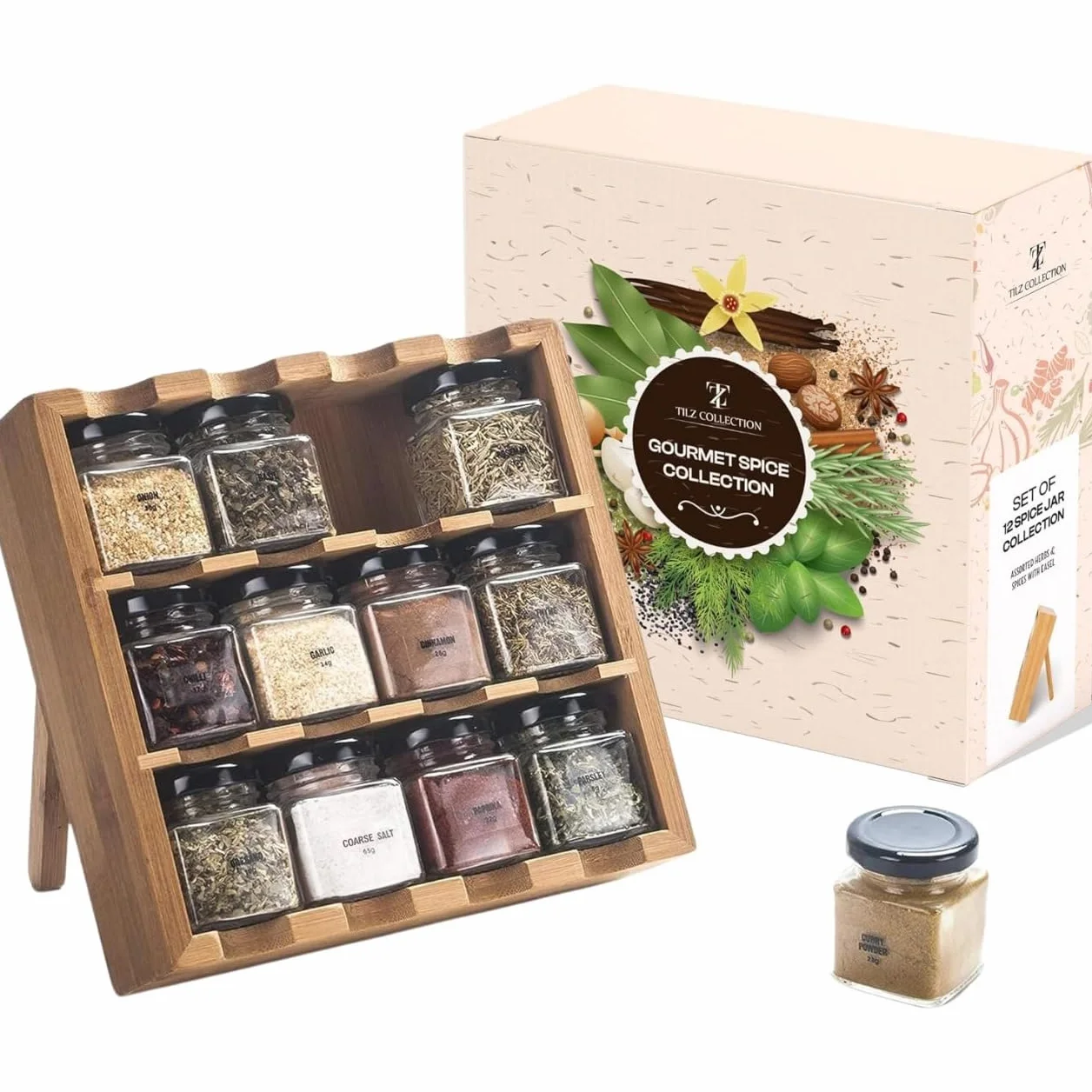 Lot de 12 pots à épices en bois - Recharge sur pied pour herbes - Coffret cadeau cuisine