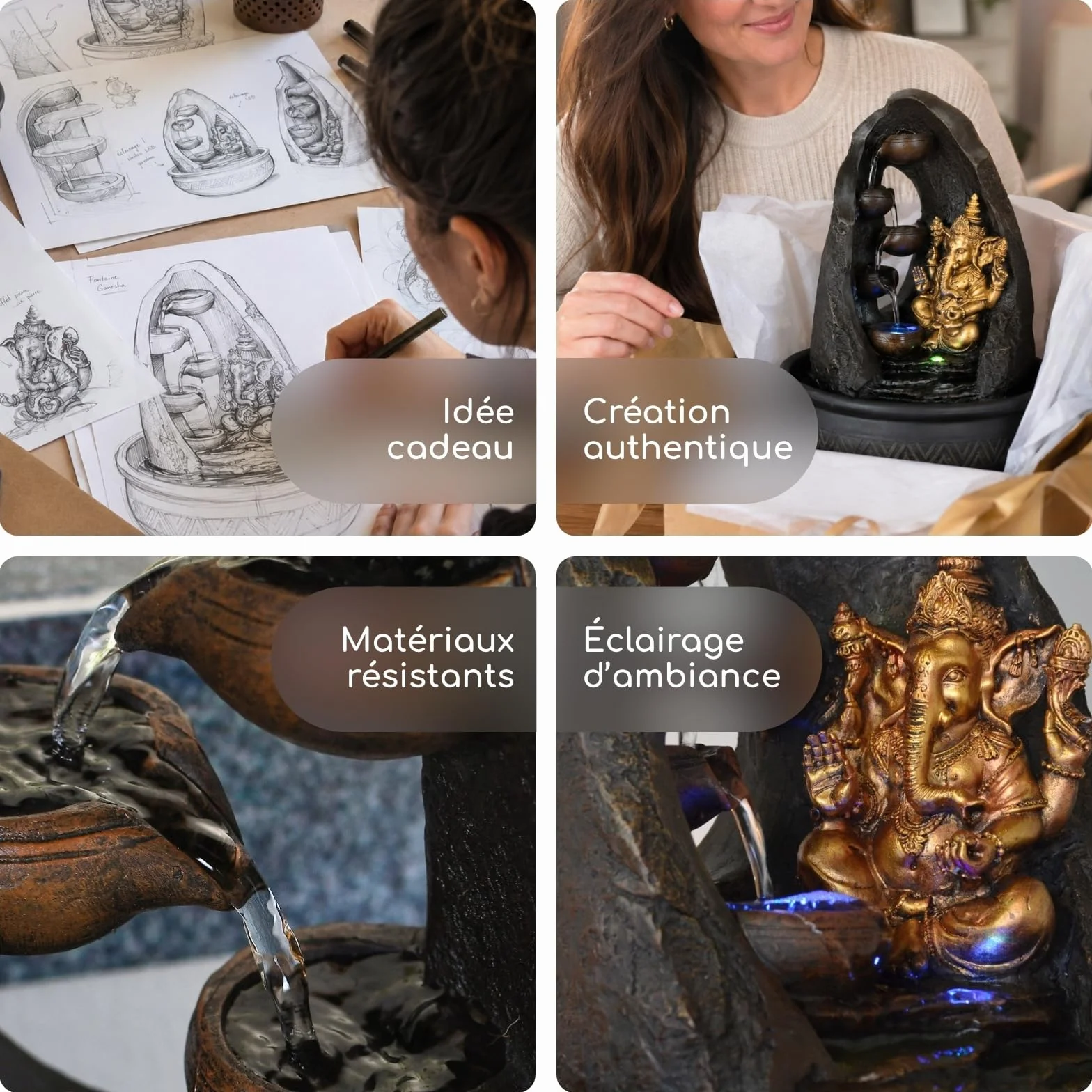 Fontaine d'Intérieur Bouddha Ganesh avec Lumière LED Colorée Feng Shui Zen H 40cm Mystic Zen'Light