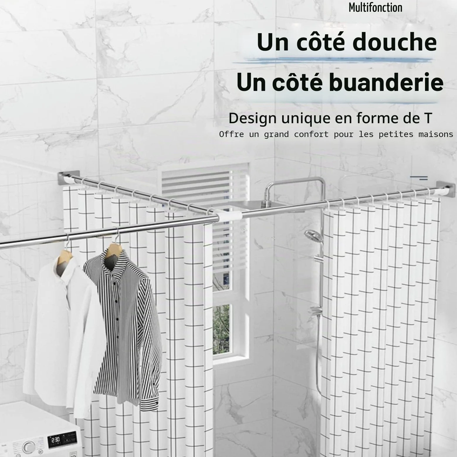 Tringle à Rideau De Douche en Forme De T, Droite Barre De Douche d'angle Extensible Acier Inoxydable sans Percage, pour Salle De Bain, Douche, Baignoire, Vestiaire(Size:A 110-170+70-110cm)