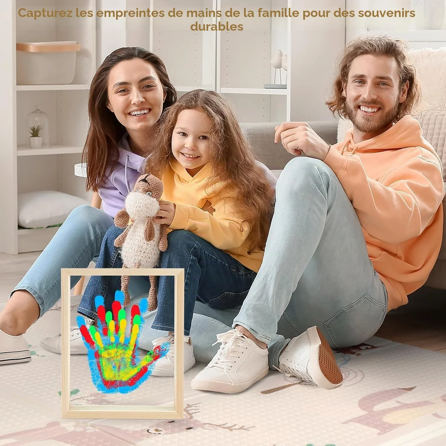 Kit d'Empreintes de Mains Familiales avec Cadre en Bois, 4 Empreintes, 6 Couleurs de Pigments, pour Bébé