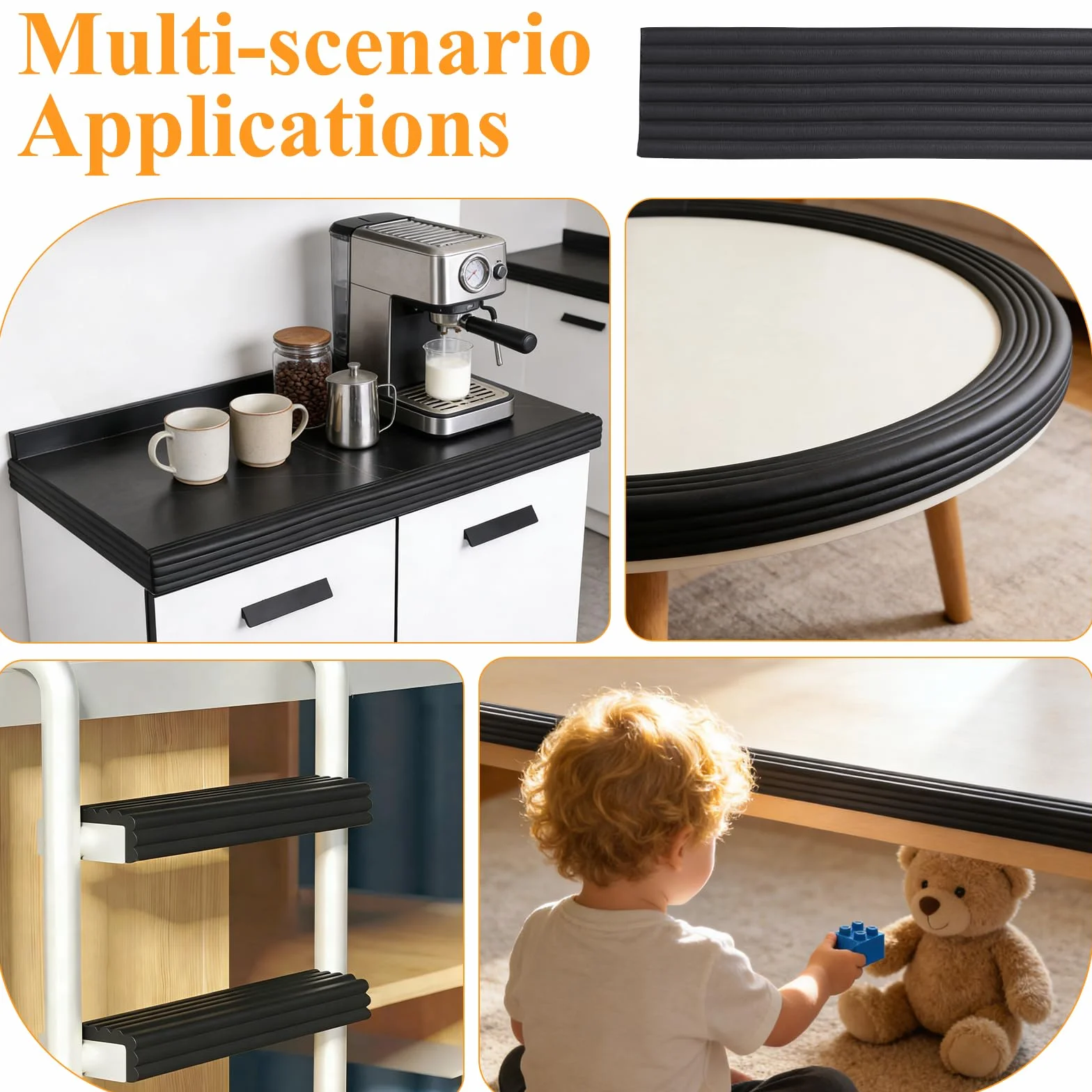 Bord en Mousse de Table Meuble Protection 6M 8 cm Large 0,8 cm Haut Autocollant Noir