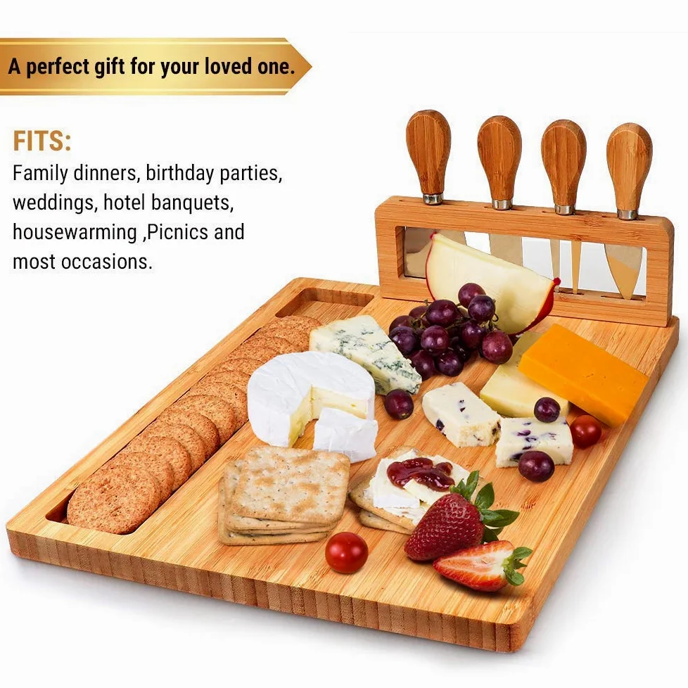 Plateau à fromage en bambou avec plateau à charcuterie et plateau à viande, plateau de service en bois, cadeaux uniques pour Noël, mariage, anniversaire