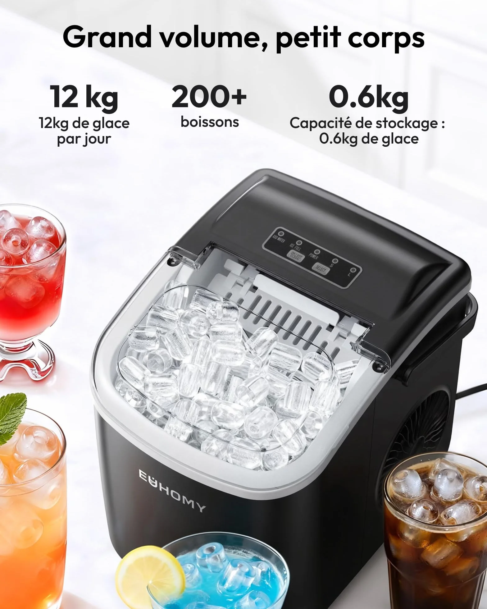 EUHOMY Machine à Glaçons, 9 Glaçons en 6 Minutes, Auto-Nettoyante, 12 Kg/Jour, Ice Maker Noir