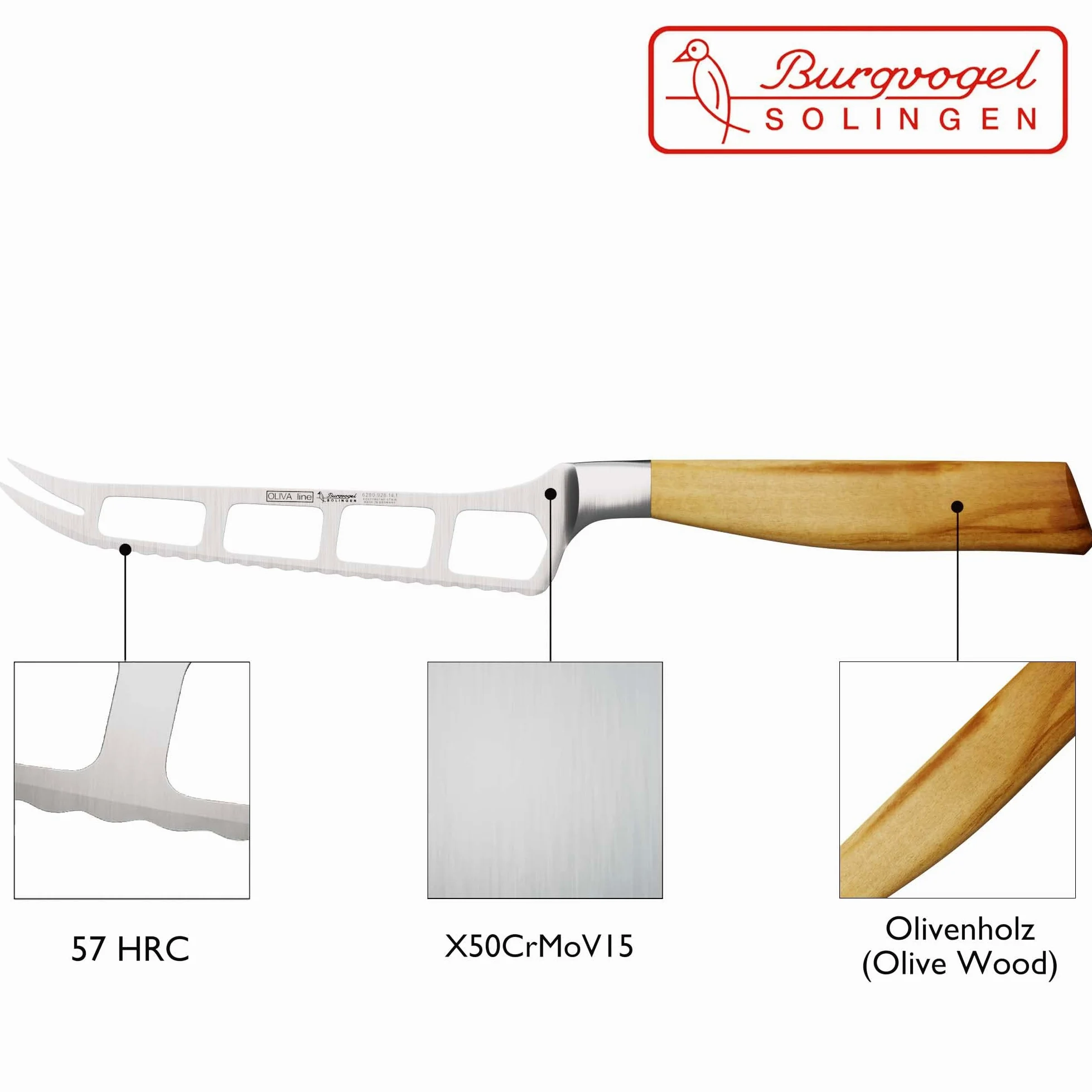 Burgvogel Solingen Couteau à Fromage 14 cm forgé Bois d'olivier, Oliva Line, Bord dentelé, Inoxydable, Brillant, Tranchant