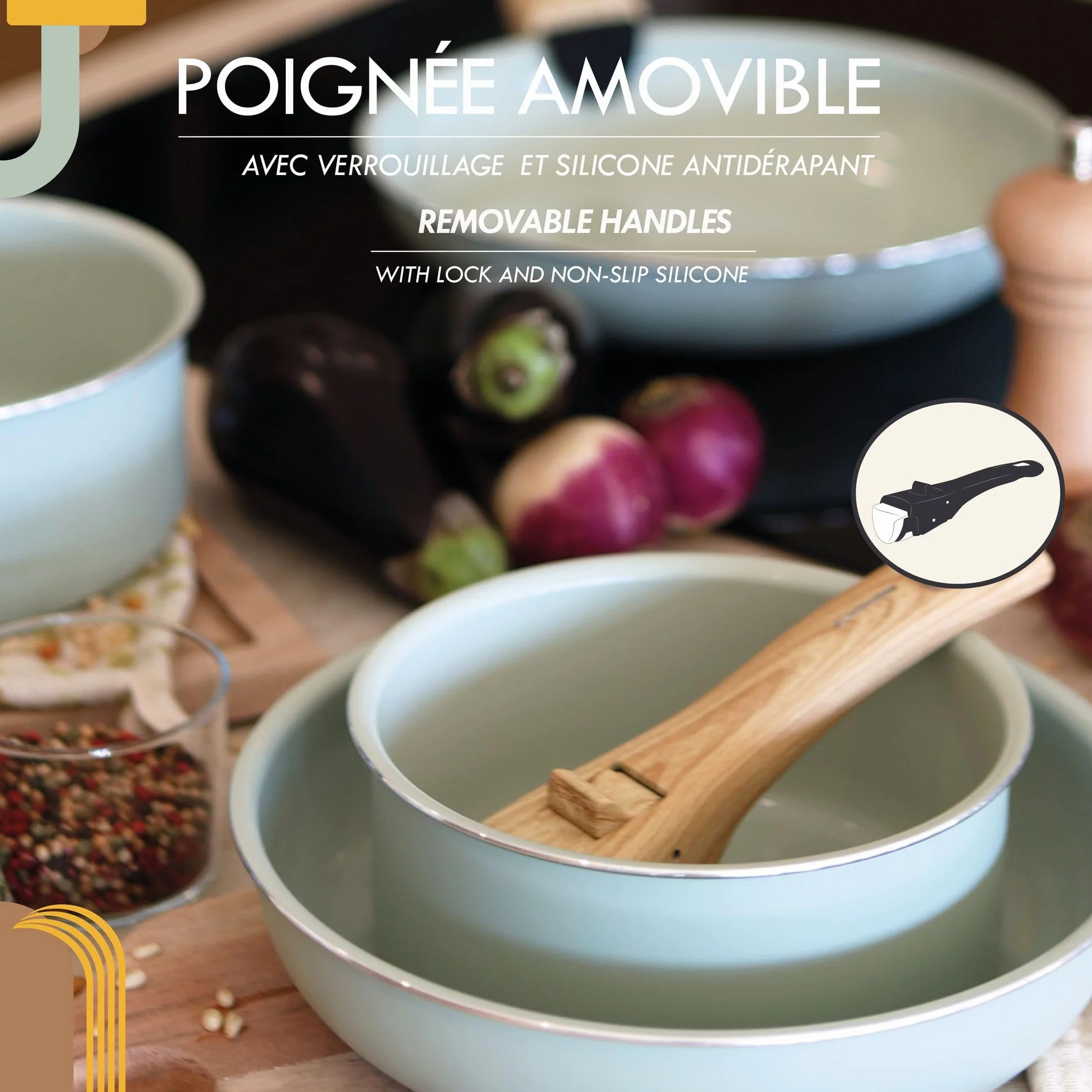 MENASTYL Batterie de Cuisine Amovible Empilable Tous Feux Induction Revêtement Céramique Antiadhésif sans PFAS 2 Poêles 2 Casseroles Poignée