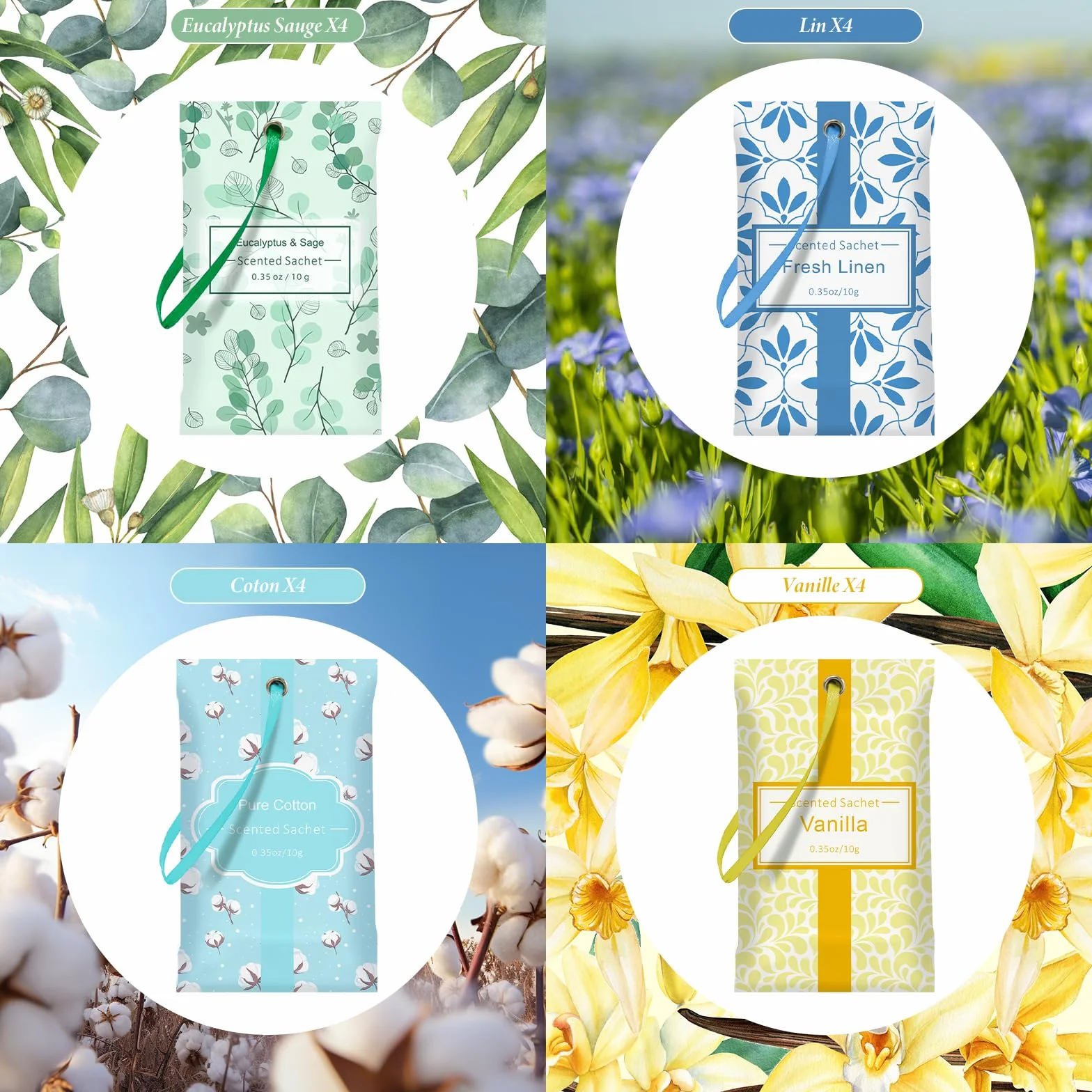 SCENTORINI Sachets Parfumés Frais pour Tiroirs, 16 sachets, 4 Senteurs Lin, Coton, Vanille, Eucalyptus Sauge