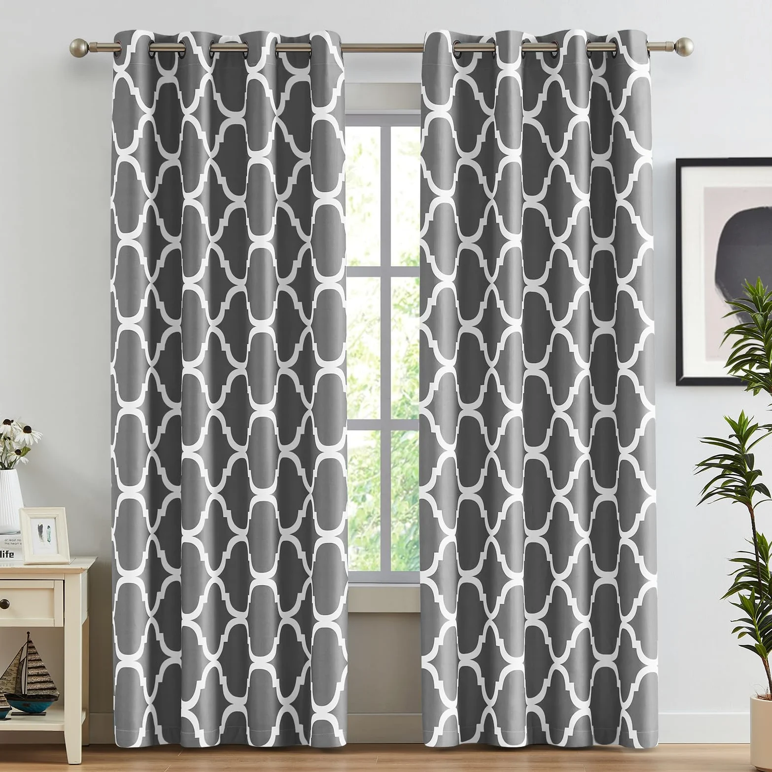 Melodieux Rideaux occultants à œillets avec imprimé marocain pour Salon, Chambre à Coucher, 132,1 x 213,4 cm, Gris (2 Panneaux)
