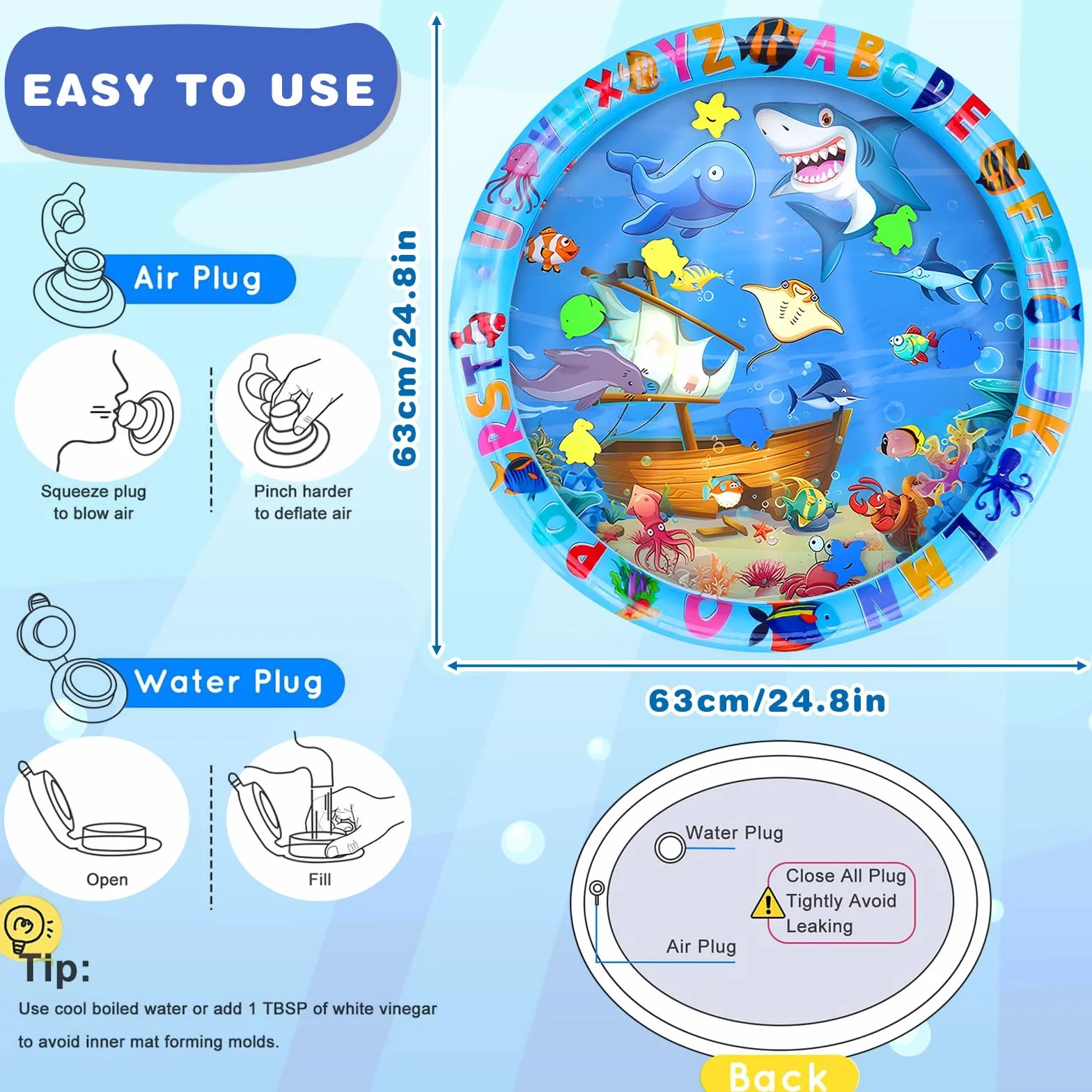 Tapis Eau Bebe Eveil 63 x 63 cm Aquarium Bebe Gonflé PVC Imperméable Motif Dauphin Sensoriel Rond