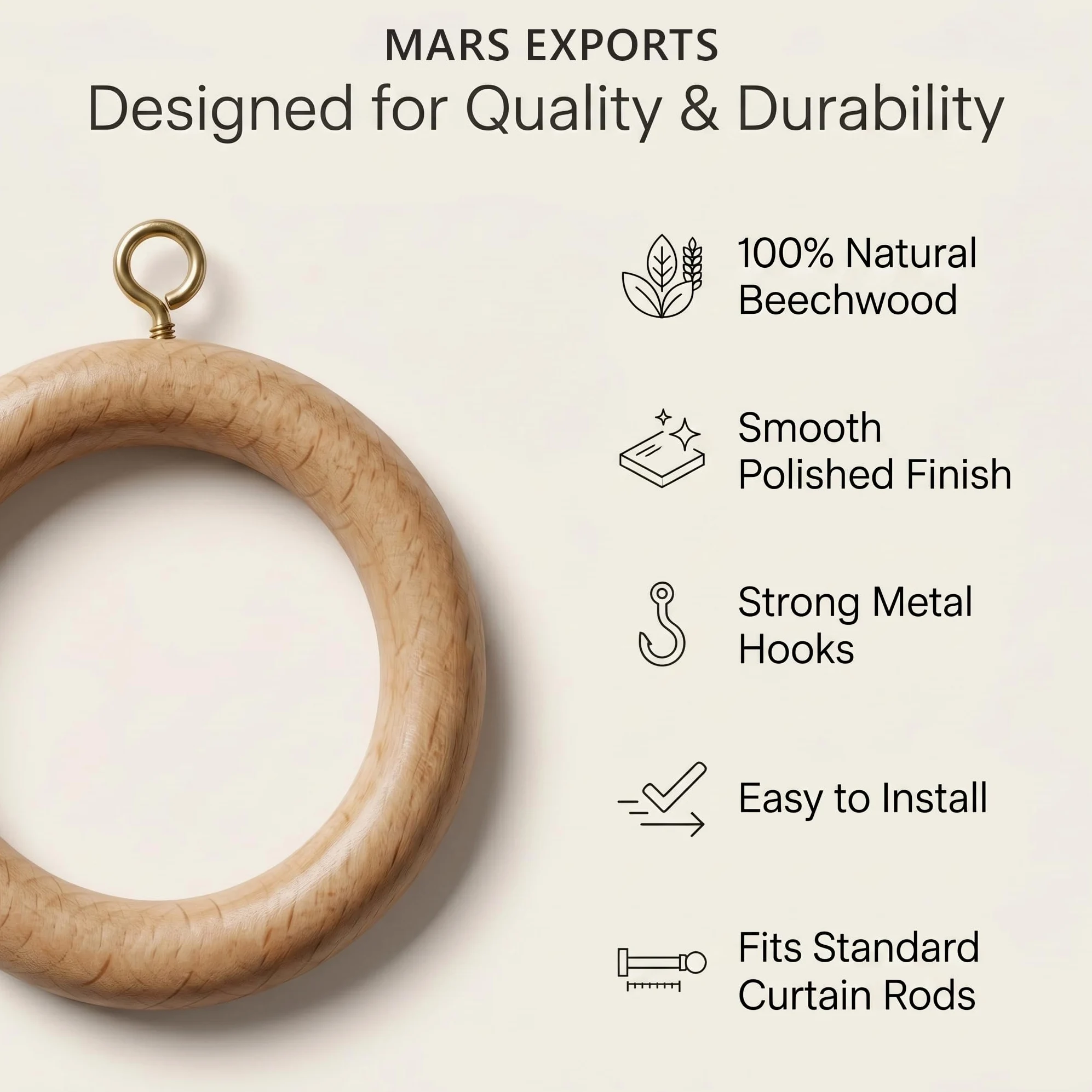 Lot de 50 Anneaux de Tringle à Rideaux en Bois de 6,3 cm pour Tringle à Rideaux de 3,8 cm, diamètre intérieur de 4,4 cm, Bois de hêtre Naturel (127,2 cm, diamètre intérieur de 4,4 cm)