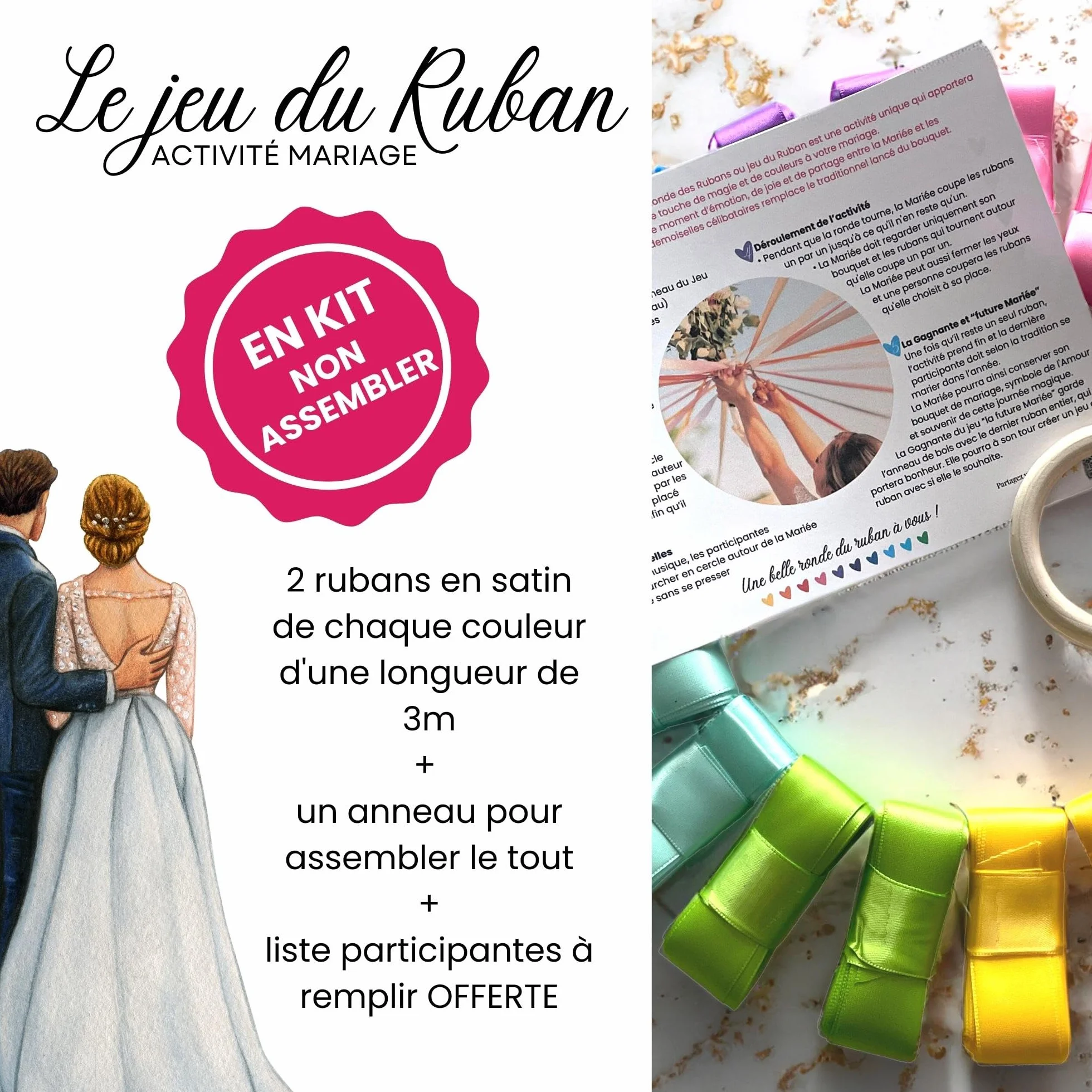 Ruban satin jeu mariage à monter 20 rubans 10 couleurs anneau bois inclus cadeau mariée