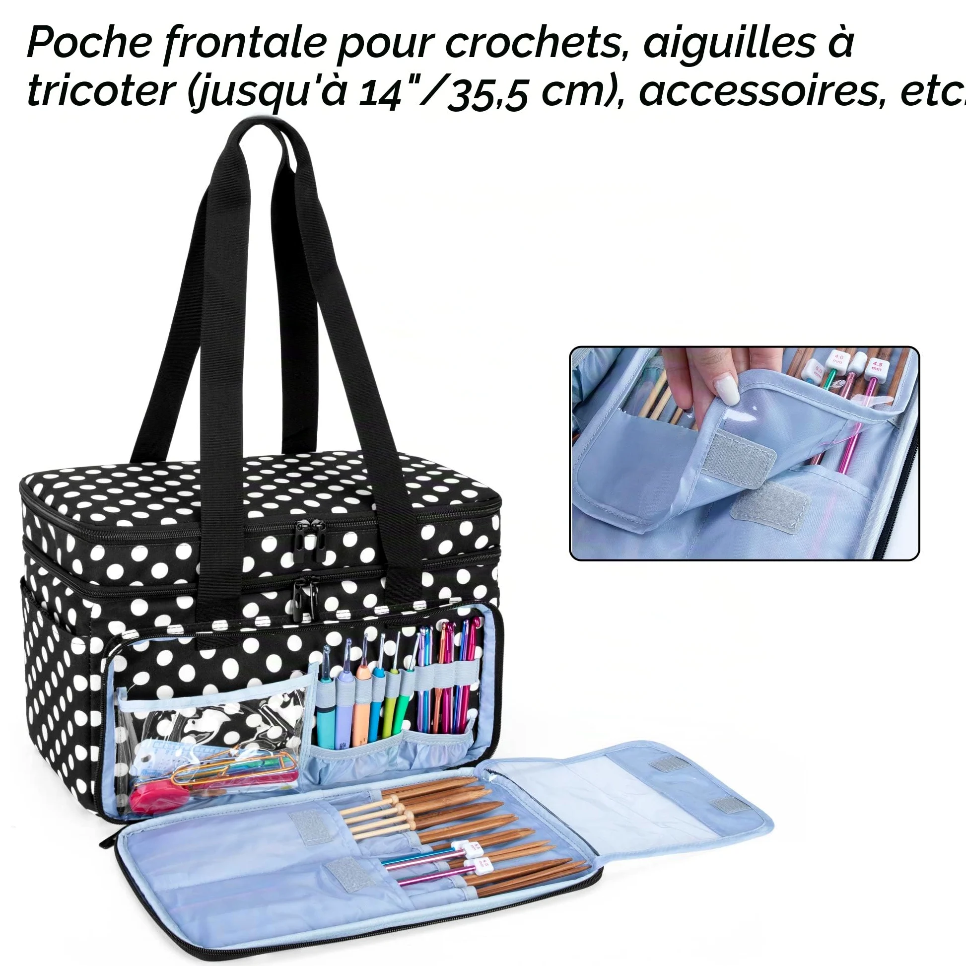 CURMIO Sac à Tricot Double Couche, Rangement pour Laine Crochets, Pois | Plusieurs Élastiques & Compartiments, 4 Œillets, Bandoulière, pour Aiguilles à Tricoter & Projets de Tricot, Sac Uniquement