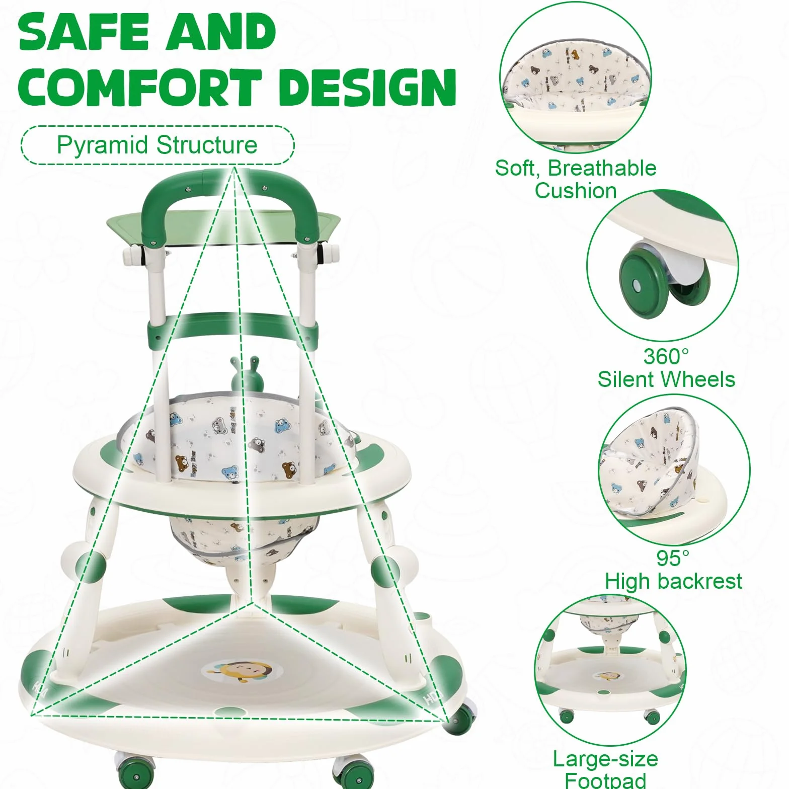 Trotteur Bébé Evolutif 3en1, Jumper Bébé Roues Silencieuses 360°, Centre de Jeux, Table à Manger, Réglable Hauteur, Pliable, Vert