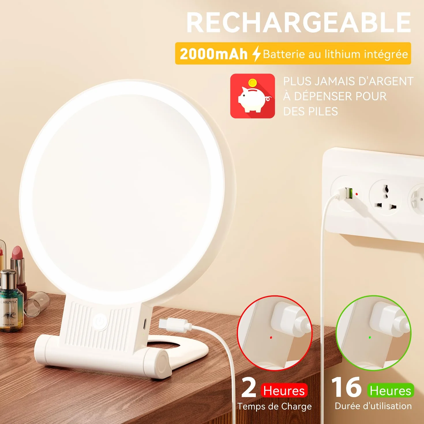 Auxmir Miroir Grossissant Lumineux Double Face 1X/30X, Maquillage 3 Couleurs, Luminosité Réglable, Batterie 2000mAh, Support 360°