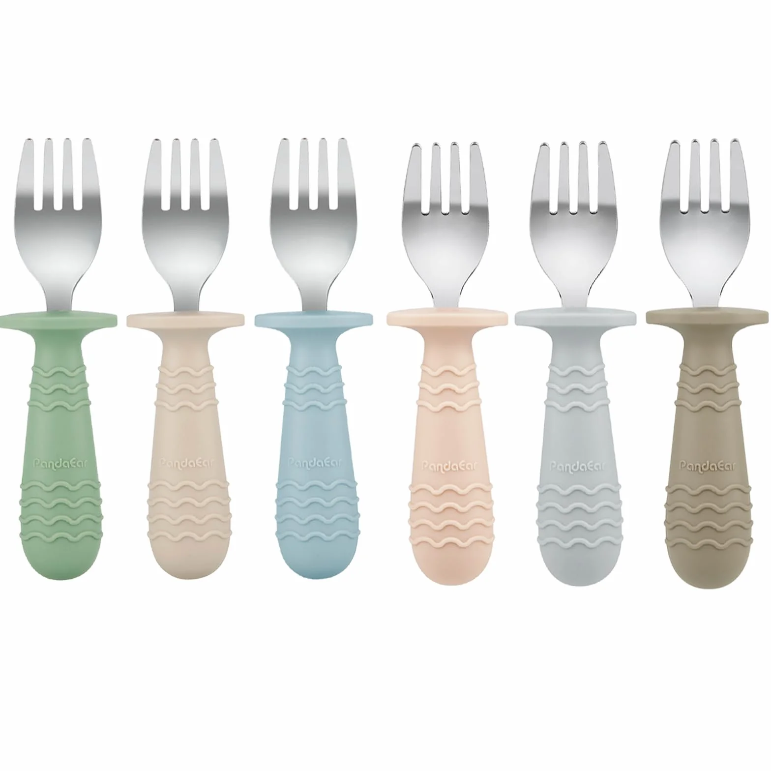 PandaEar Lot de 6 Fourchettes pour Bébé en Acier Inoxydable et Silicone, Sans BPA