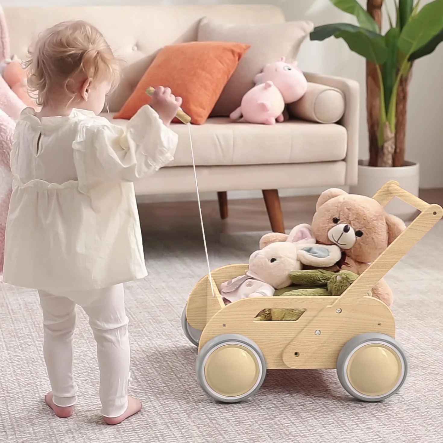 Trotteur Bébé en Bois, Chariot de Marche pour Garçons et Filles, Baby Walker avec Roues, Cadeau Anniversaire Noël