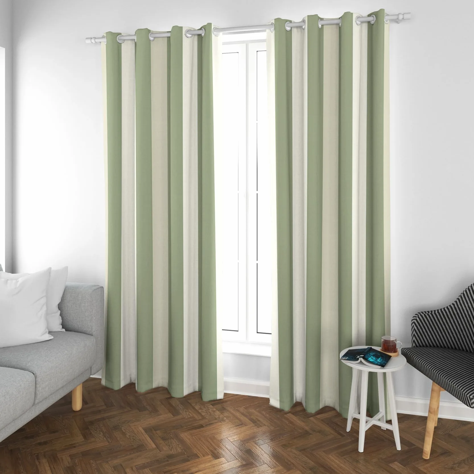 Rideau Occultant Rayures, Rideaux Motif Rayée Vert Sauge, Rideau Thermique à Oeillets, Rideau Fenetre Imprimé pour Salon Chambre, Lot de 2 Rideaux et Draperies Intérieurs, 140x220 cm
