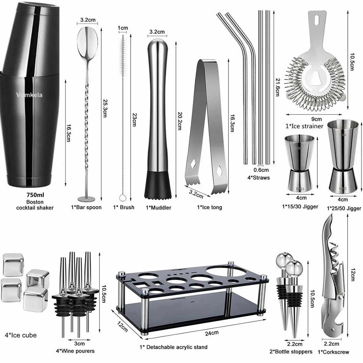 Shaker Cocktail,Cocktail Shaker Kit Mojito,25 Pièces Accessoire Bar,750 ml en Acier Inoxydable Kit Shaker à Cocktail Coffret Cocktail