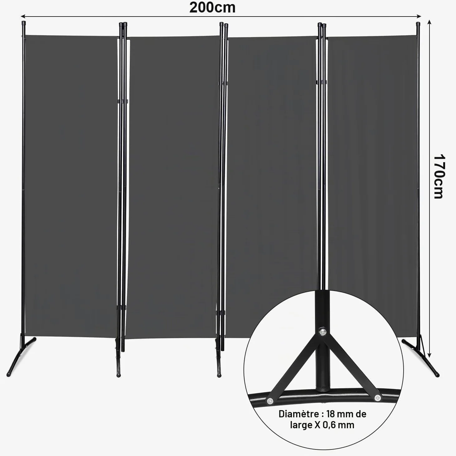 Paravent Cloison de Séparation 4 pièces, 200 x 170 cm, Pliable, autoportant, séparateur de pièce, intérieur écran Pliable pour Bureaux, Chambres à Coucher (Gris Foncé)