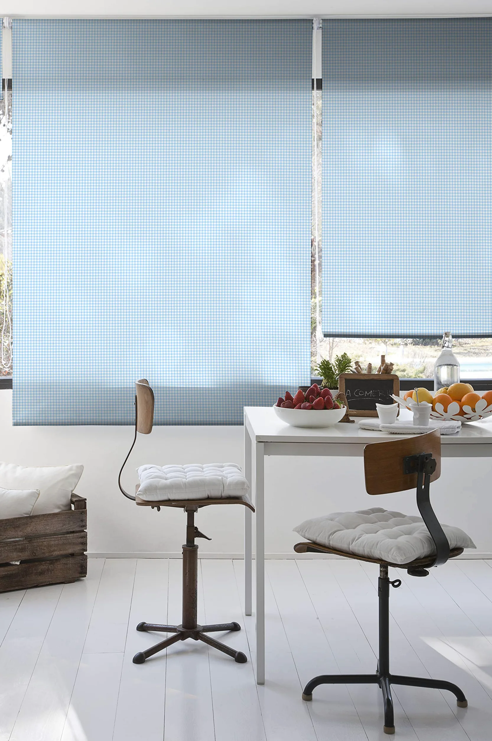 Estoralis | Cuisine | Store Enrouleur | sans Outil Tissu translucide imprimé | Vichy-1 Bleu | 85 x 150 cm. (Largeur/Hauteur) Taille du Tissu 82 x 150 cm. | Stores pour fenêtres et Portes