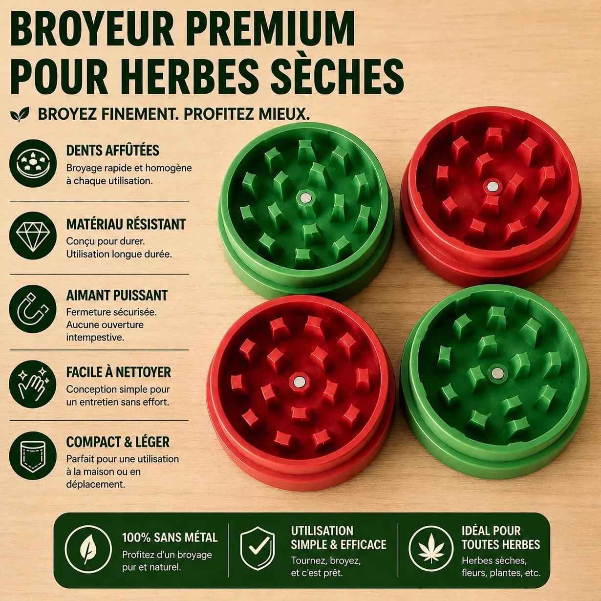 Broyeur à Herbes Biodégradable Manuel Plastique Léger Résistant Dents Efficaces Écologique sans Métal Rose