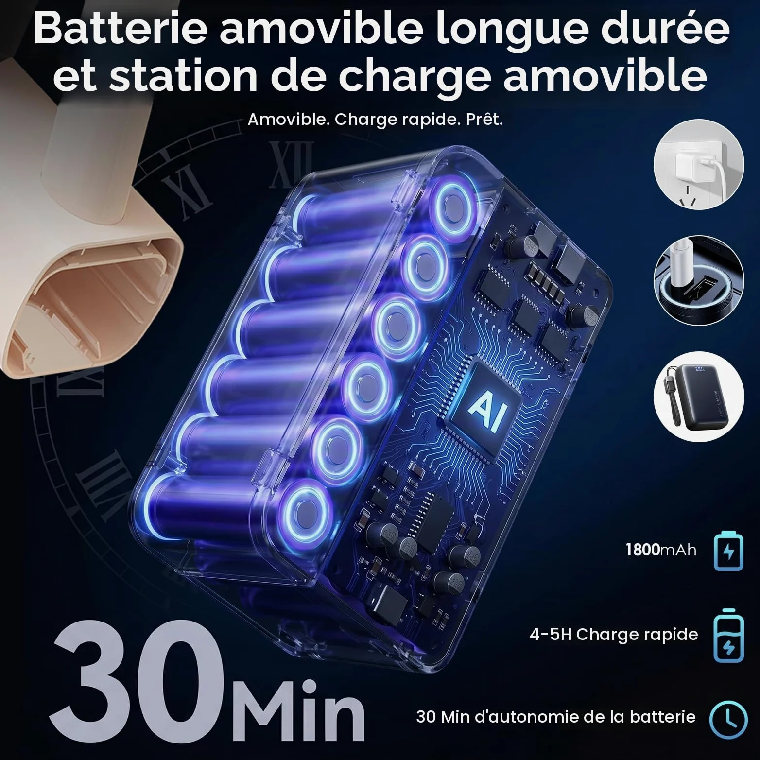 Aspirateur Balai sans Fil avec Fonction Serpillère, 2-en-1 Aspirateur Balai et Serpillère, Puissant 8000Pa, Autonomie 30 Min, Léger et Portatif pour Sols Durs, Tapis et Poils d'animaux