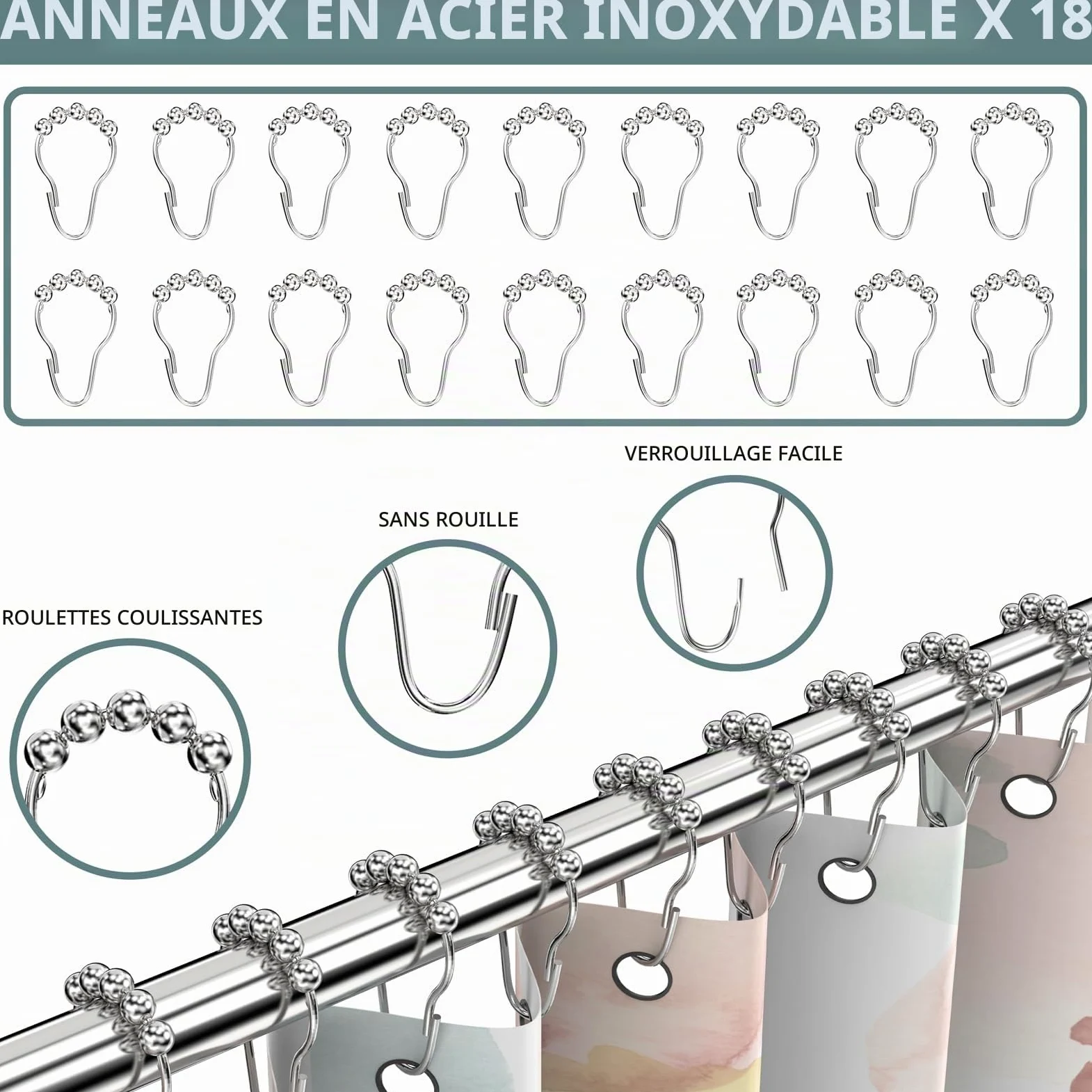 Tringle à rideau de douche incurvée réglable et extensible en acier inoxydable de 110 à 180 cm, design télescopique exquis personnalisable pour salle de bain, besoin de percer.
