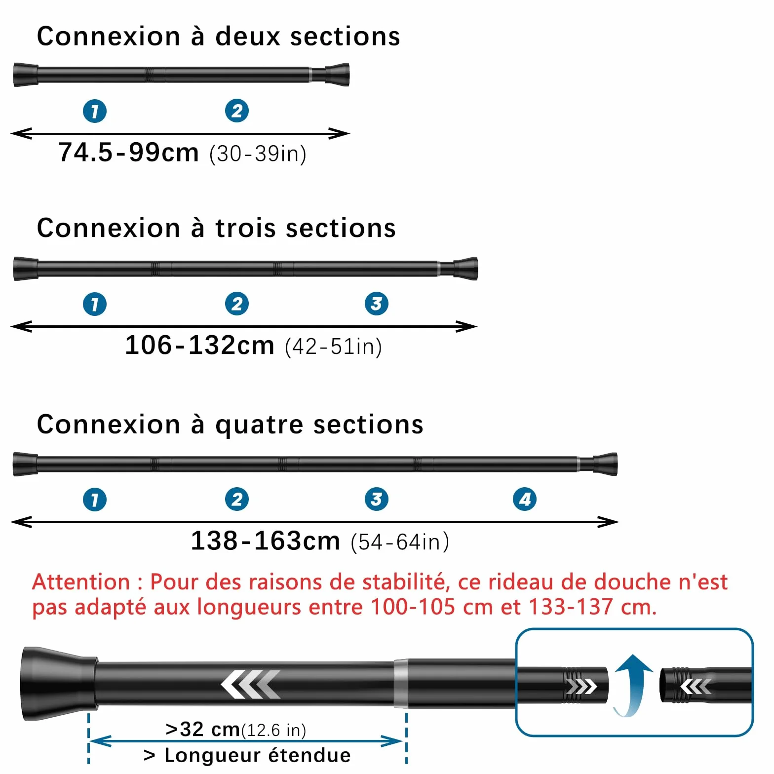 AIZESI Tringle Rideau Extensible 74.5-163 cm Barre Telescopique Acier Inoxydable Noir 22 mm