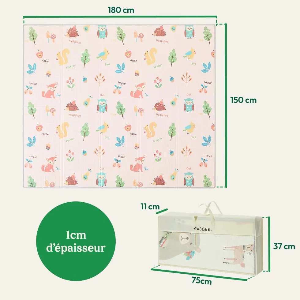 CASABEL Tapis d’Éveil Bébé Évolutif 180×150 cm, Pliable, Imperméable, Épais, Motifs Animaux Forêt
