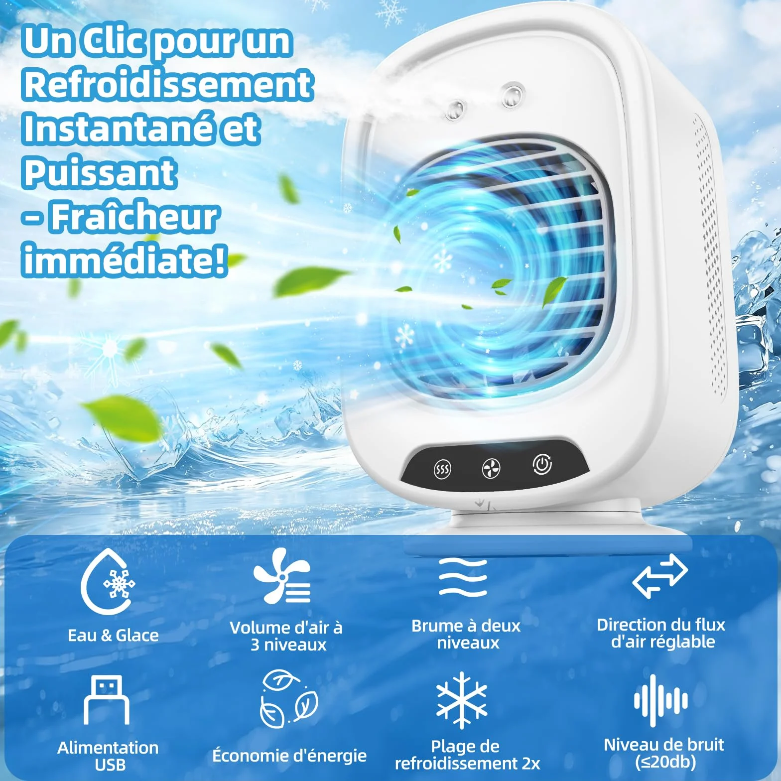 Climatiseur Mobile Portable 4 en 1, Mini Refroidisseur d'Air 300ML USB, Ventilateur Brumisateur Silencieux 3 Vitesses