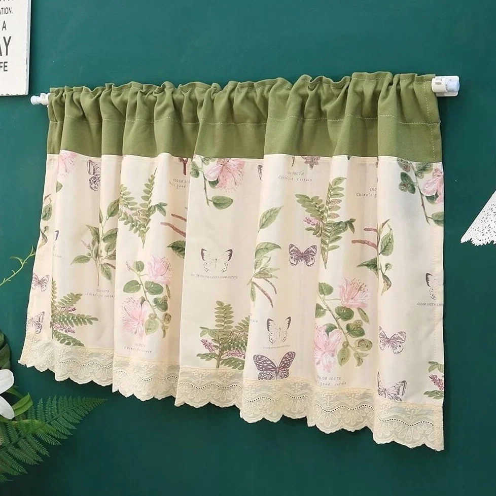 Rideau de fenêtre de cuisine, rideaux de café, rideau court for cuisine, rideau de café floral de style pastoral, mélange de coton et de polyester, cantonnière de fenêtre, demi-rideau avec passe-tring