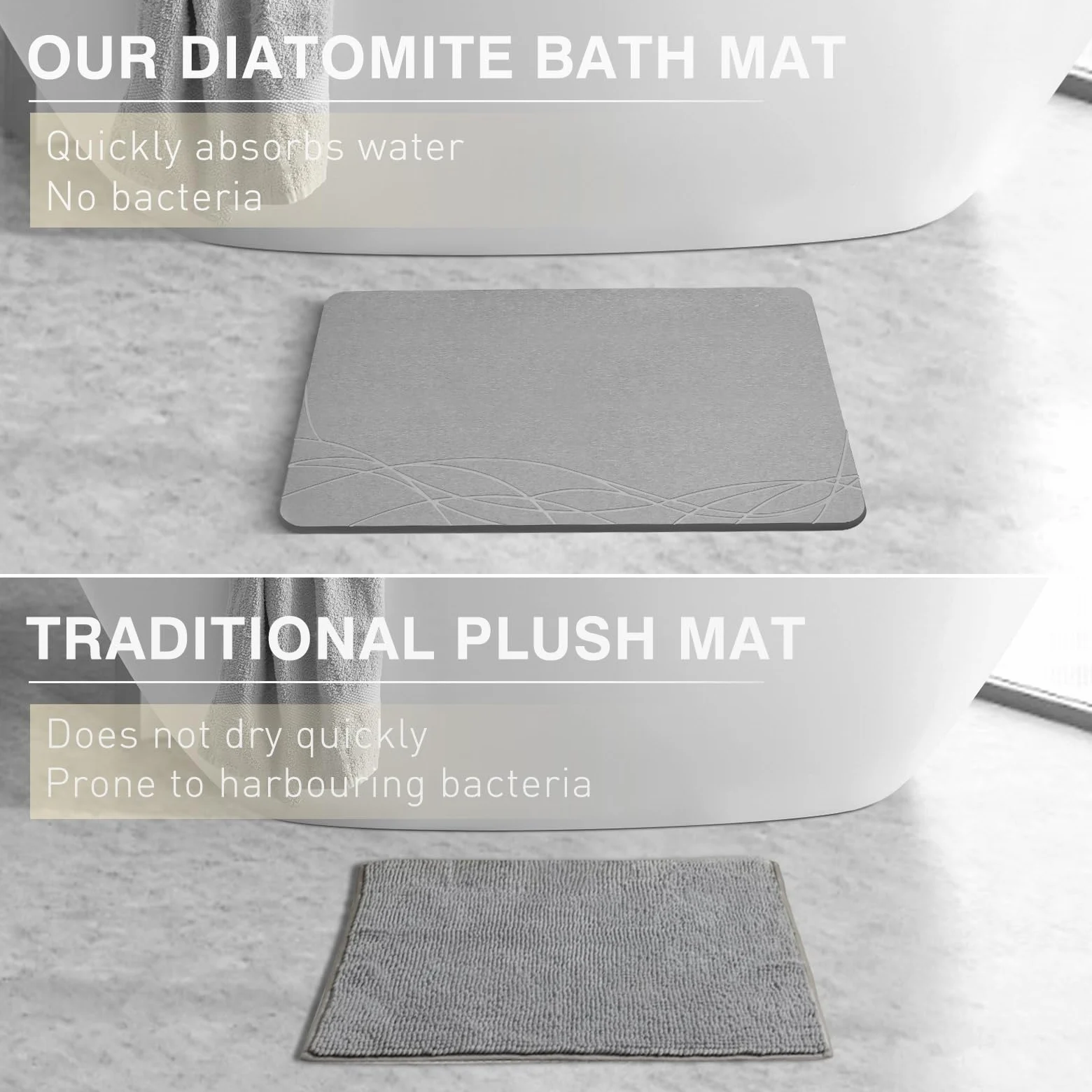 Tapis de bain en pierre super absorbant, terre de diatomée naturelle, 60 x 39 cm, antidérapant, séchage rapide