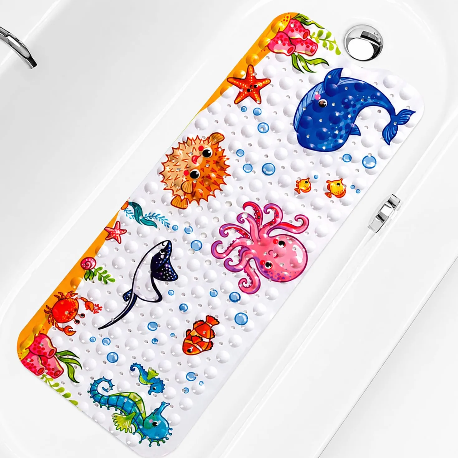 Tapis de Bain Antidérapant Bébé 100x40 cm Ventouses Motif Pieuvre Rose