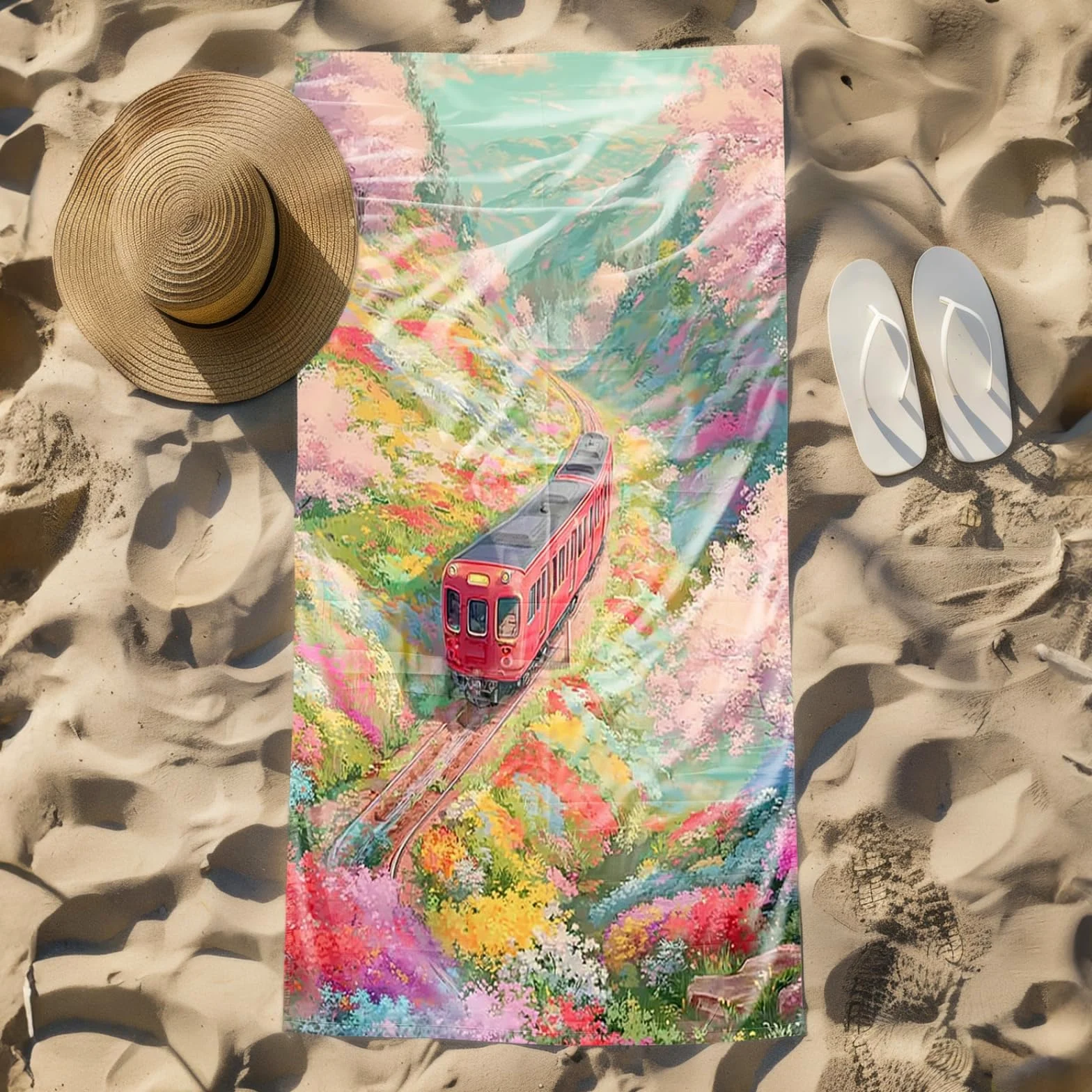 Tapis de Plage XXL Anti Sable Train, Fleurs Roses Serviette Piscine Adulte,Natte De Plage Pliable, Voyage Accessoires De Plage Camping,Serviette de Bain Personnalisée