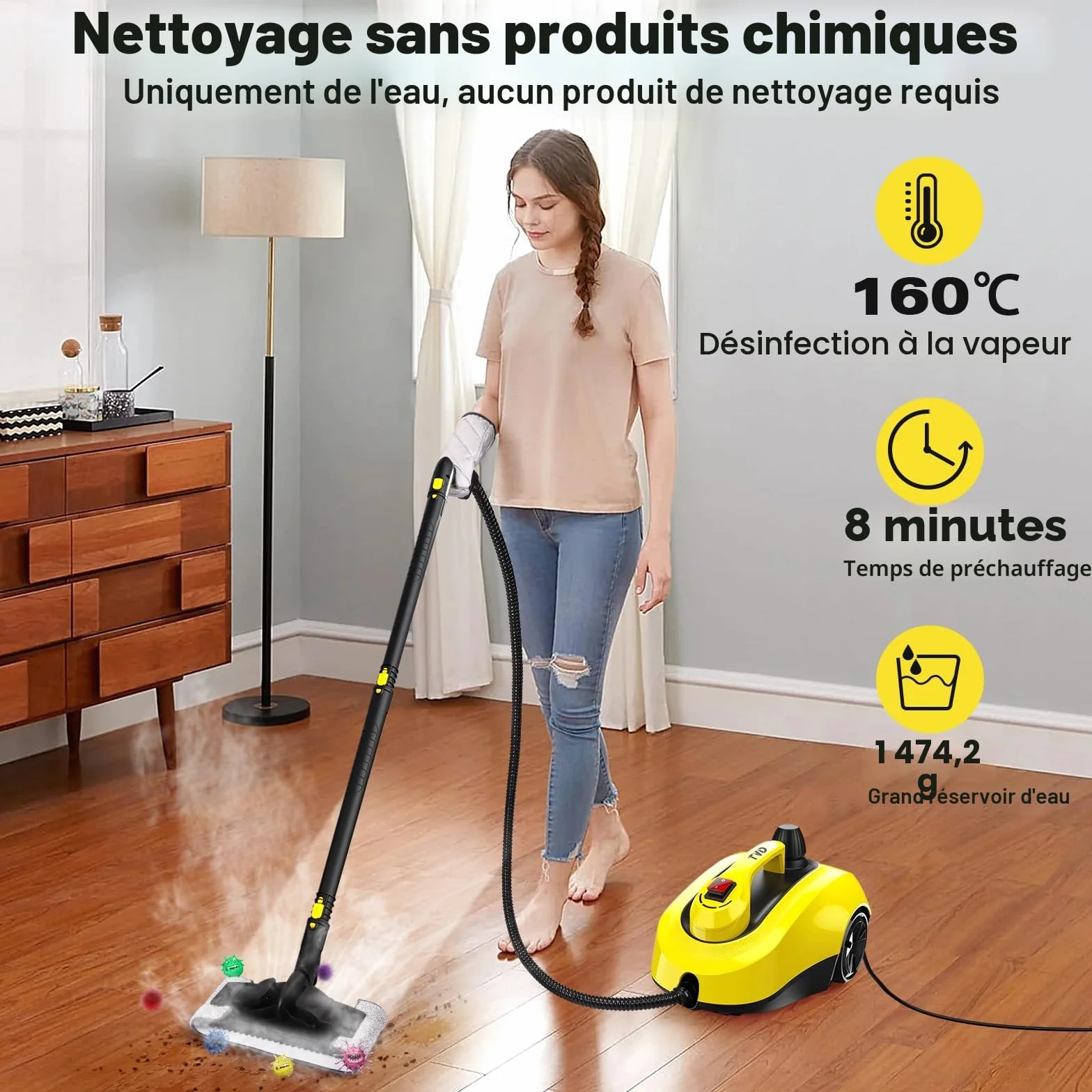 TVD Nettoyeur vapeur pour meubles rembourrés câble 5 m vapeur four tapis canapé coussin punaises de lit