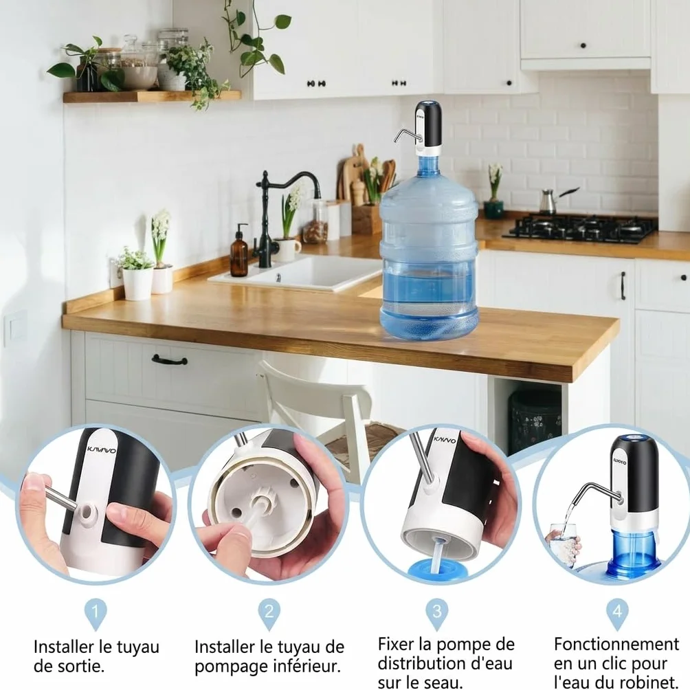 Pompe à Bouteille d’Eau Électrique Portable, 2 Adaptateurs, 2 Tuyaux, Silicone, Plastique, Noir Blanc
