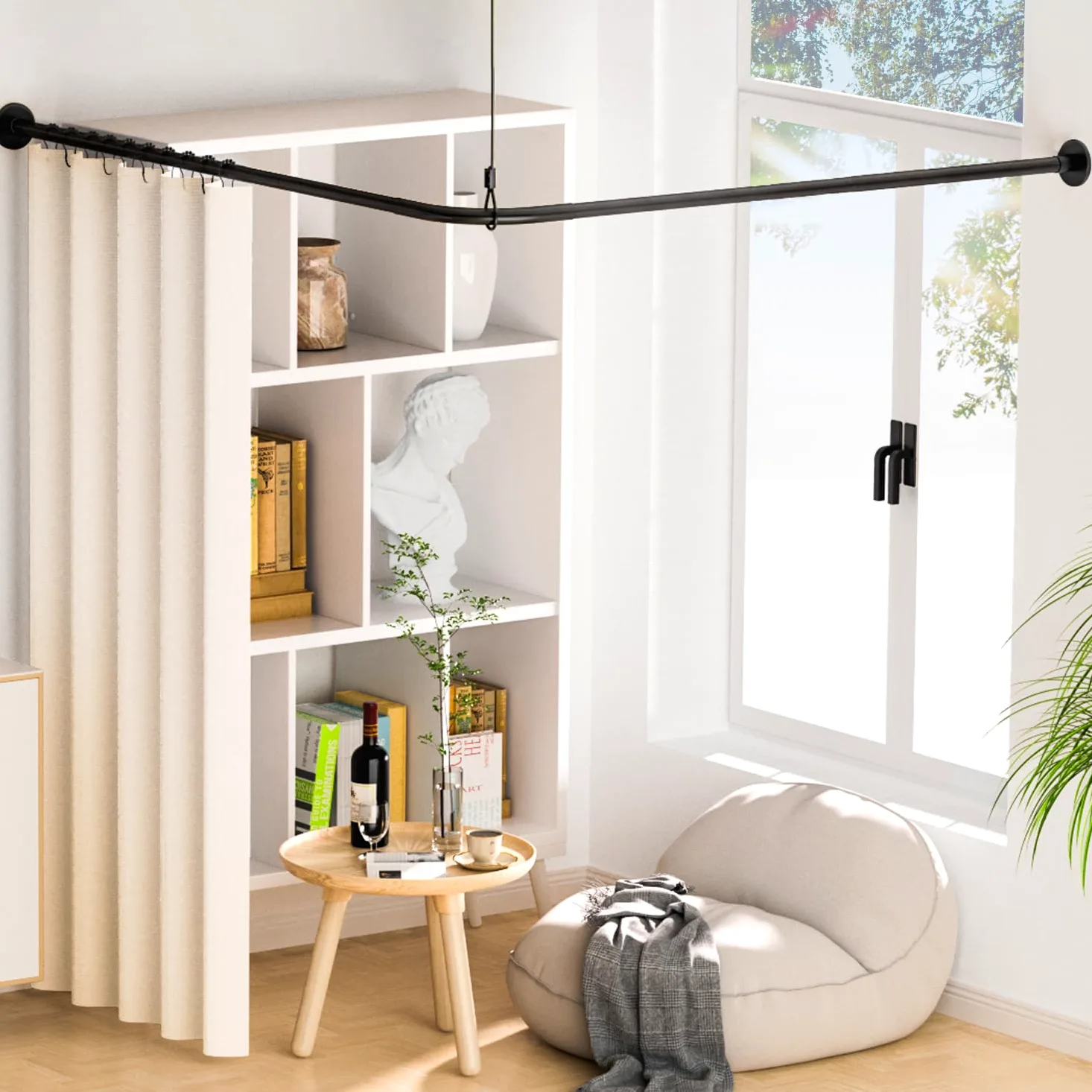 Tringle à rideau de douche extensible en acier inoxydable 304 en forme de L (noir, 60-133 cm x 180-215 cm), installation sans perçage, pour salle de bain, magasin de vêtements, espace privé
