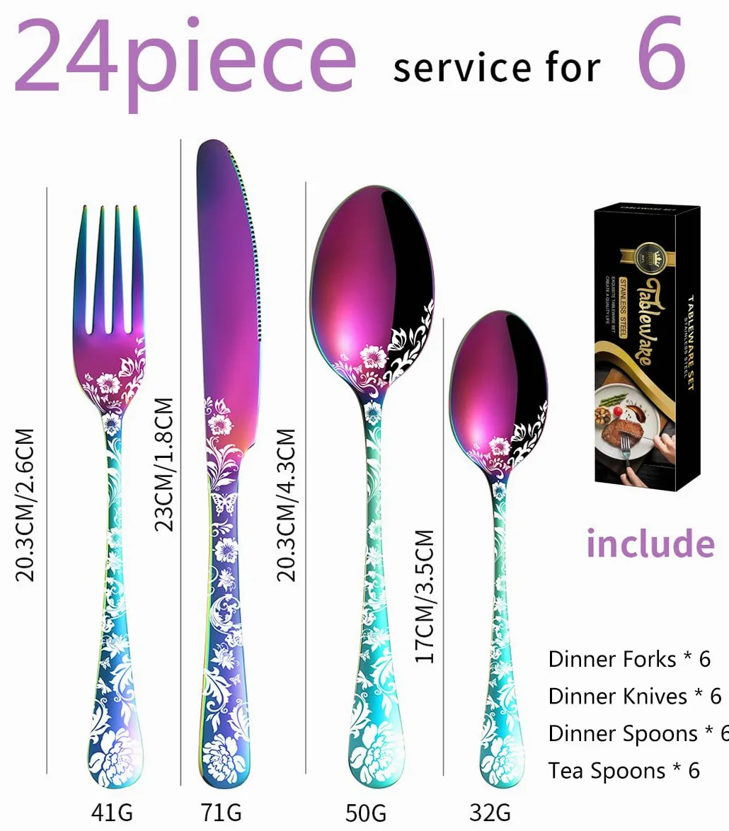 XIAOYU Ensemble d'argenterie 24 pièces, service de couverts en acier inoxydable pour 6 personnes, motif de fleur de pivoine, ustensiles comprenant couteaux/fourchettes/cuillères, Le Rainbow