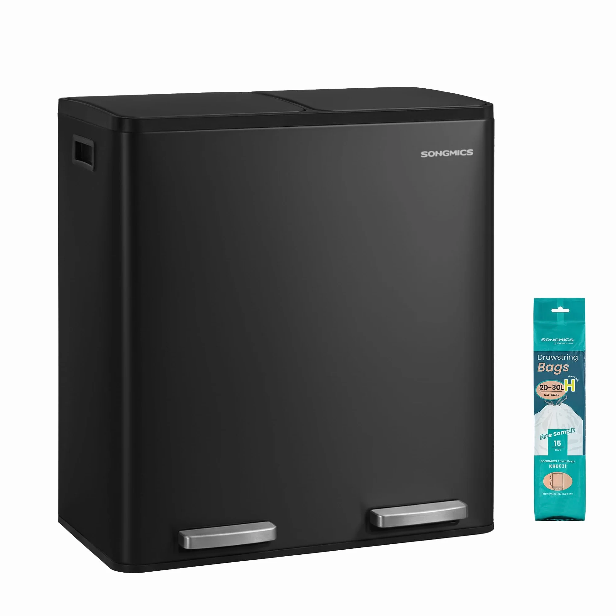 SONGMICS Poubelle de Cuisine 2 x 30 L, Tri 2 Compartiments, Acier, Noir d'Encre LTB160BZ02