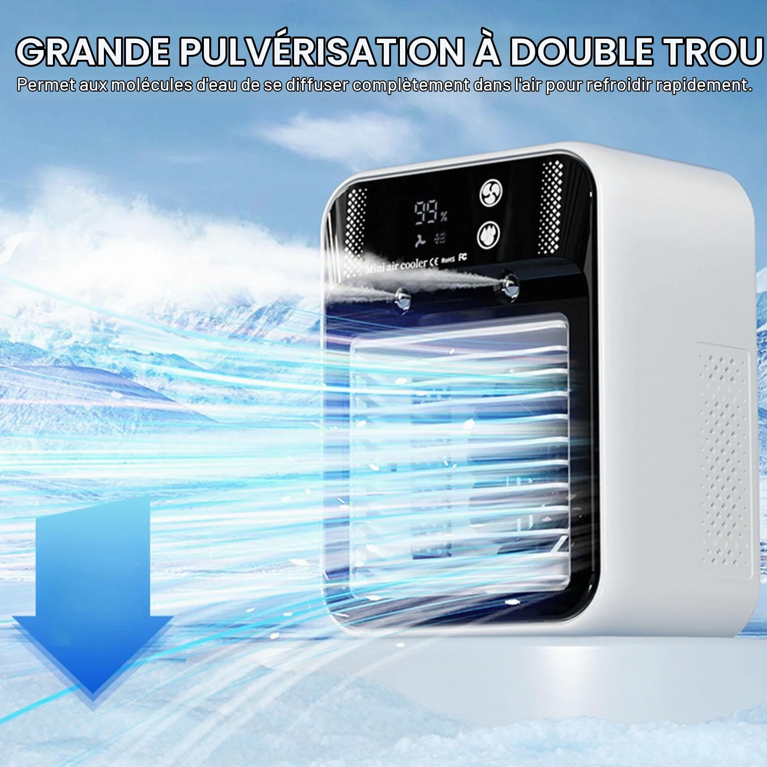 Mini Rafraîchisseur d’Air Bureau USB Rechargeable avec Brume | Batterie 3000mAh, brumisation, affichage digital, poignée, 2 modes d’air, moins de 55dB, format compact.