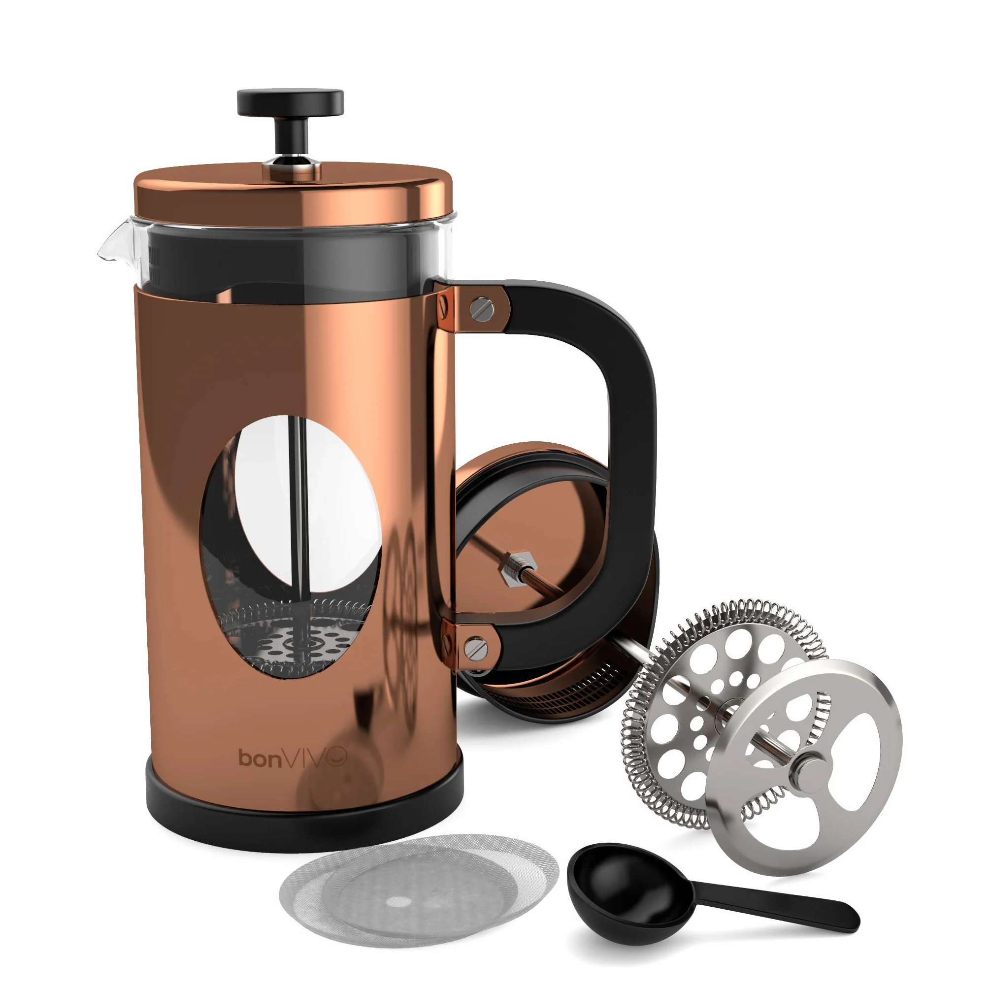 BonVIVO Cafetière à Piston 1L Inox Verre Thermorésistant French Press avec Filtres de Rechange Finition Cuivre