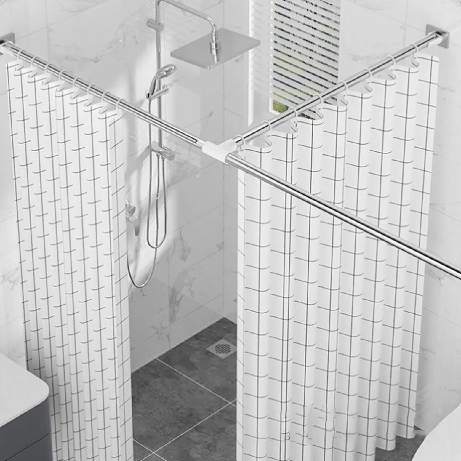 Tringle à Rideau De Douche en Forme De T, Droite Barre De Douche d'angle Extensible Acier Inoxydable sans Percage, pour Salle De Bain, Douche, Baignoire, Vestiaire(Size:A 110-170+70-110cm)
