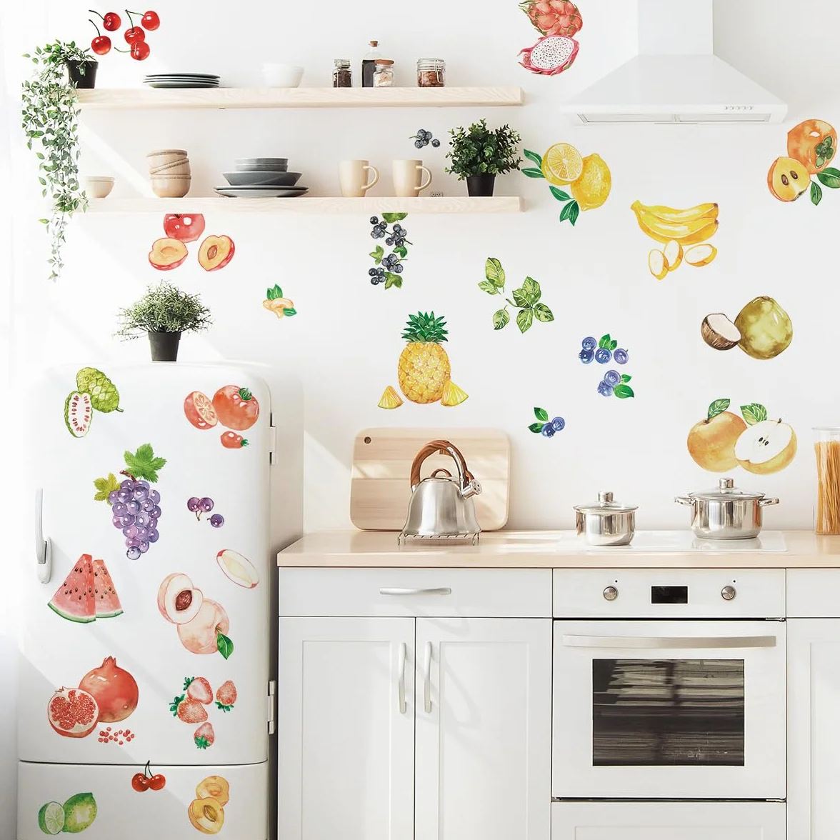 Lot de 2 feuilles d'autocollants étanches pour réfrigérateur - Autocollants décoratifs Fruits aquarelle Mural Vinyle