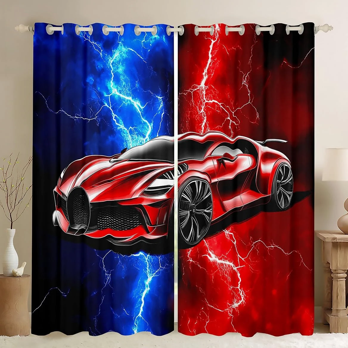 Homewish Rideau Occultant 30%-50% Voiture de Sport 117x137 cm, Rideau Enfant Garçon Voiture de Course, Rideau Voilage Éclairs, Voilage Fenetre Rouge et Bleu, pour Chambre/Salon Décoration de Fenêtre