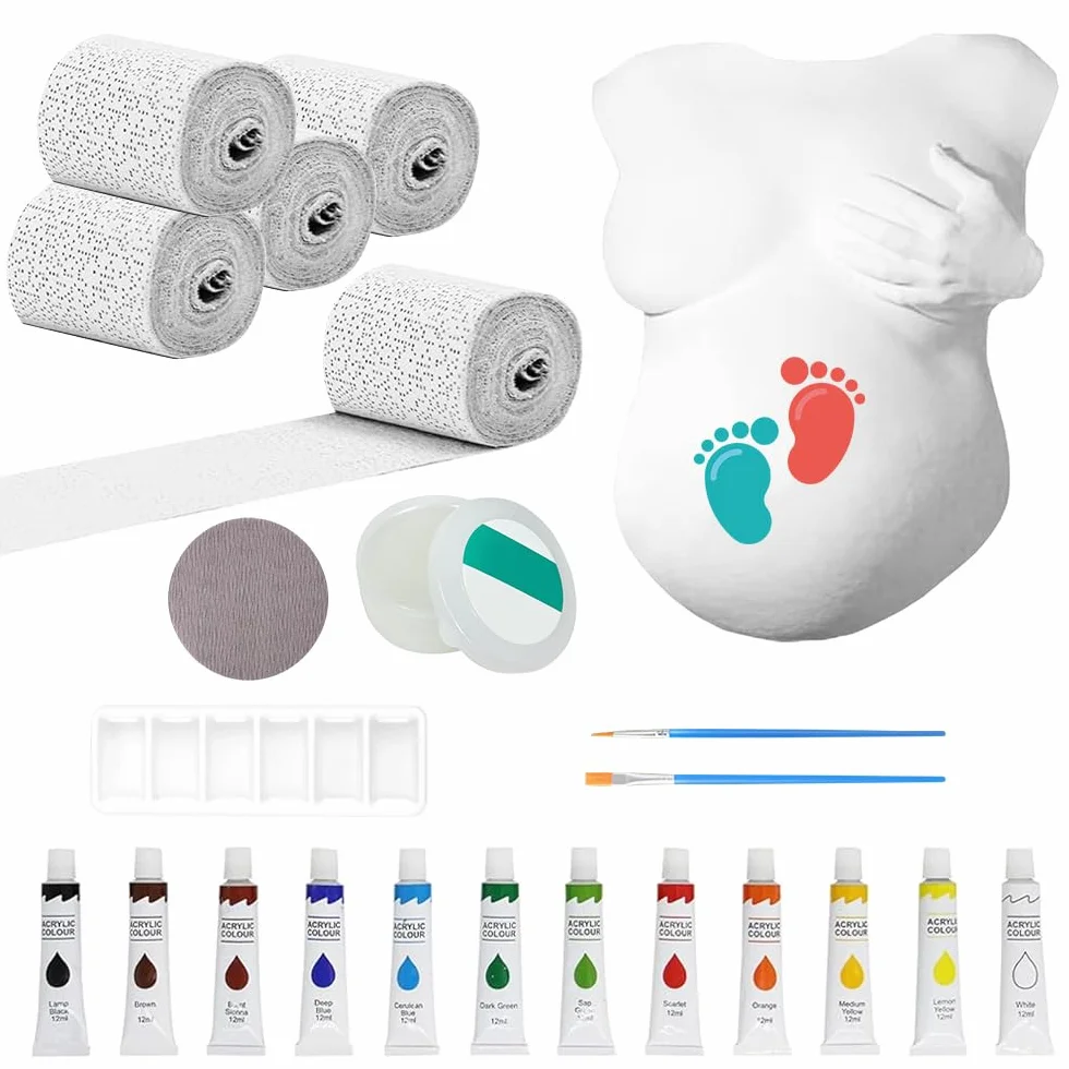 Kit Moulage Ventre Femme Enceinte, Bande de Plâtre avec Peintures et 2 Pinceaux, Sculpture pour Souvenirs de Grossesse