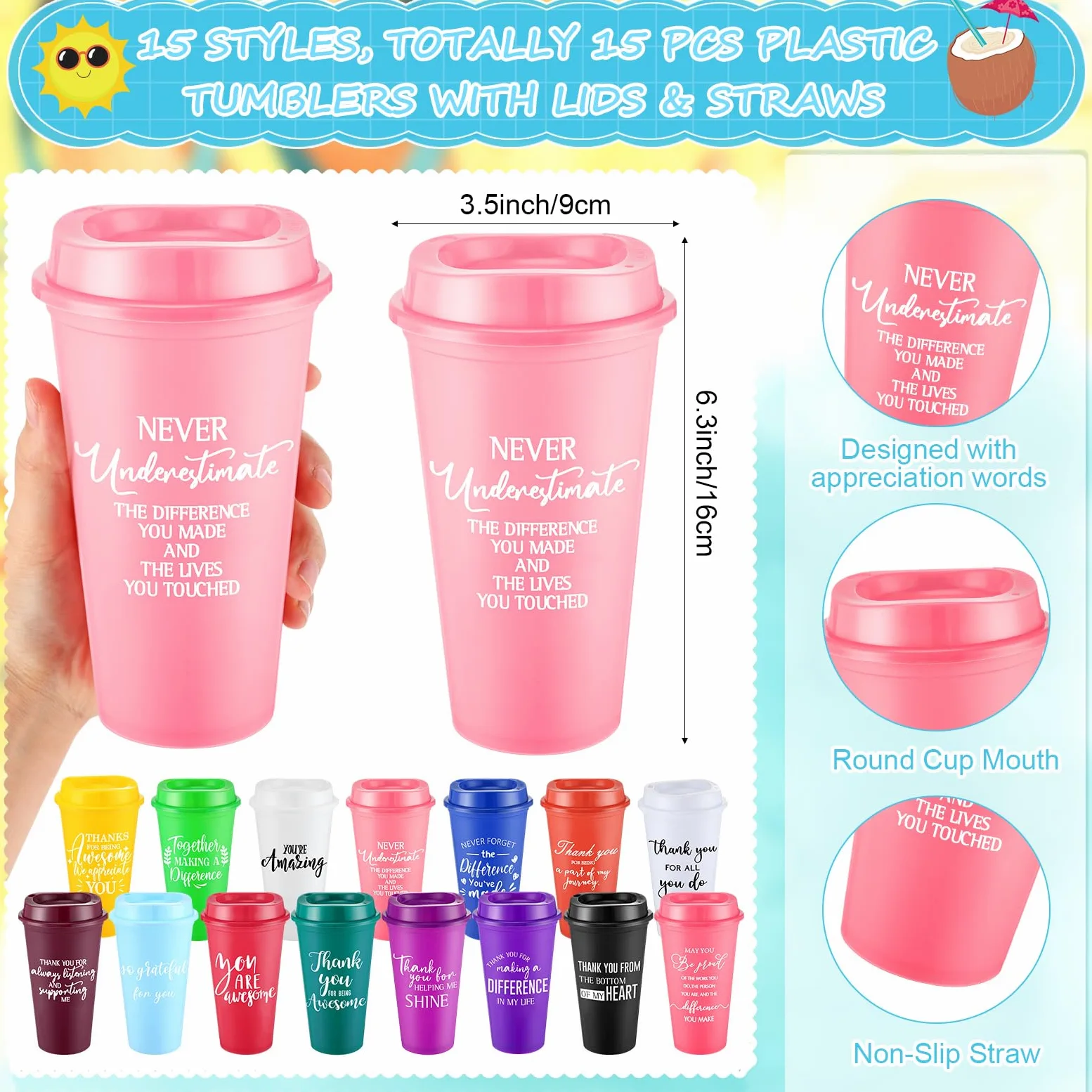AmazingSpark Lot de 45 gobelets à café en plastique réutilisables avec couvercle et stylo pour le personnel, l'équipe et les enseignants (473 ml)